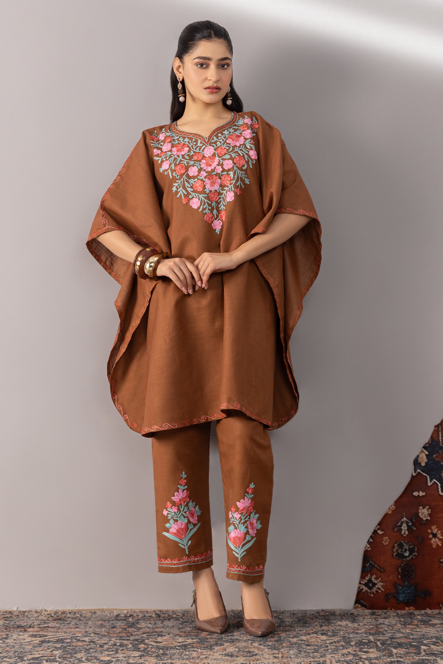 Cotton Kaftan Set in Kashmiri Aari - Brown