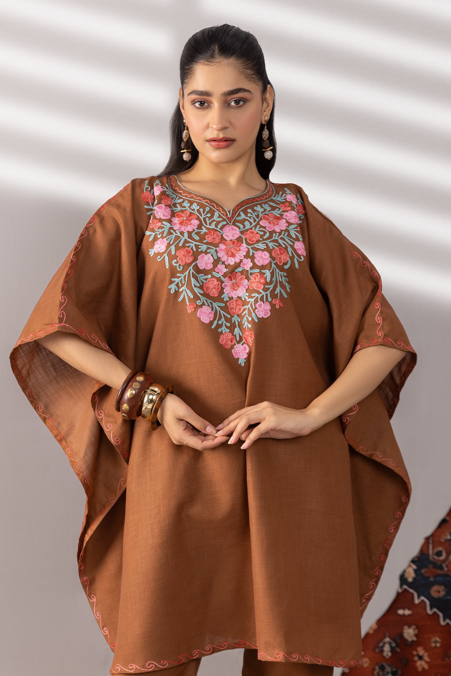 Cotton Kaftan Set in Kashmiri Aari - Brown
