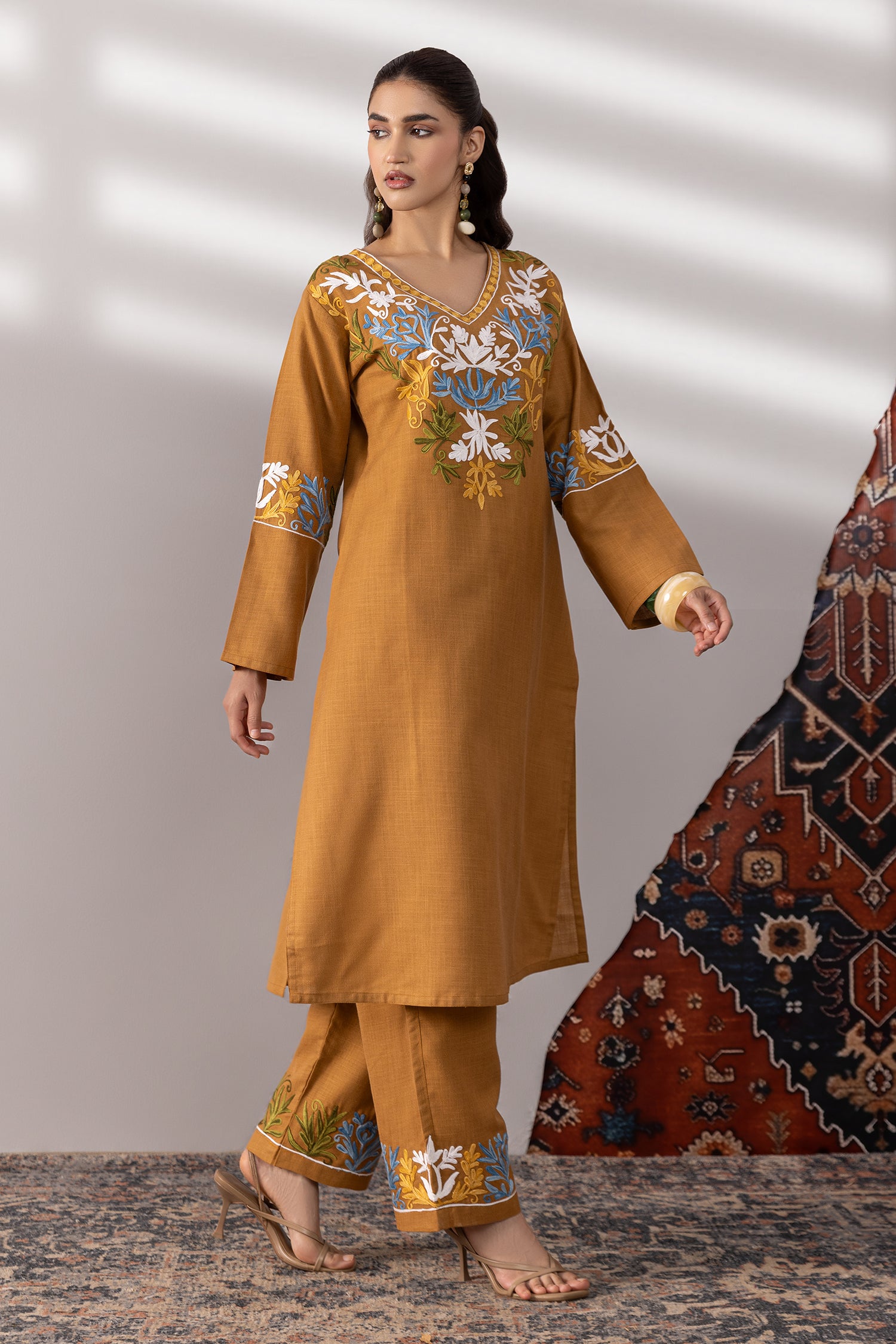 Cotton Kashmiri Aari  Kurta Set - Brown
