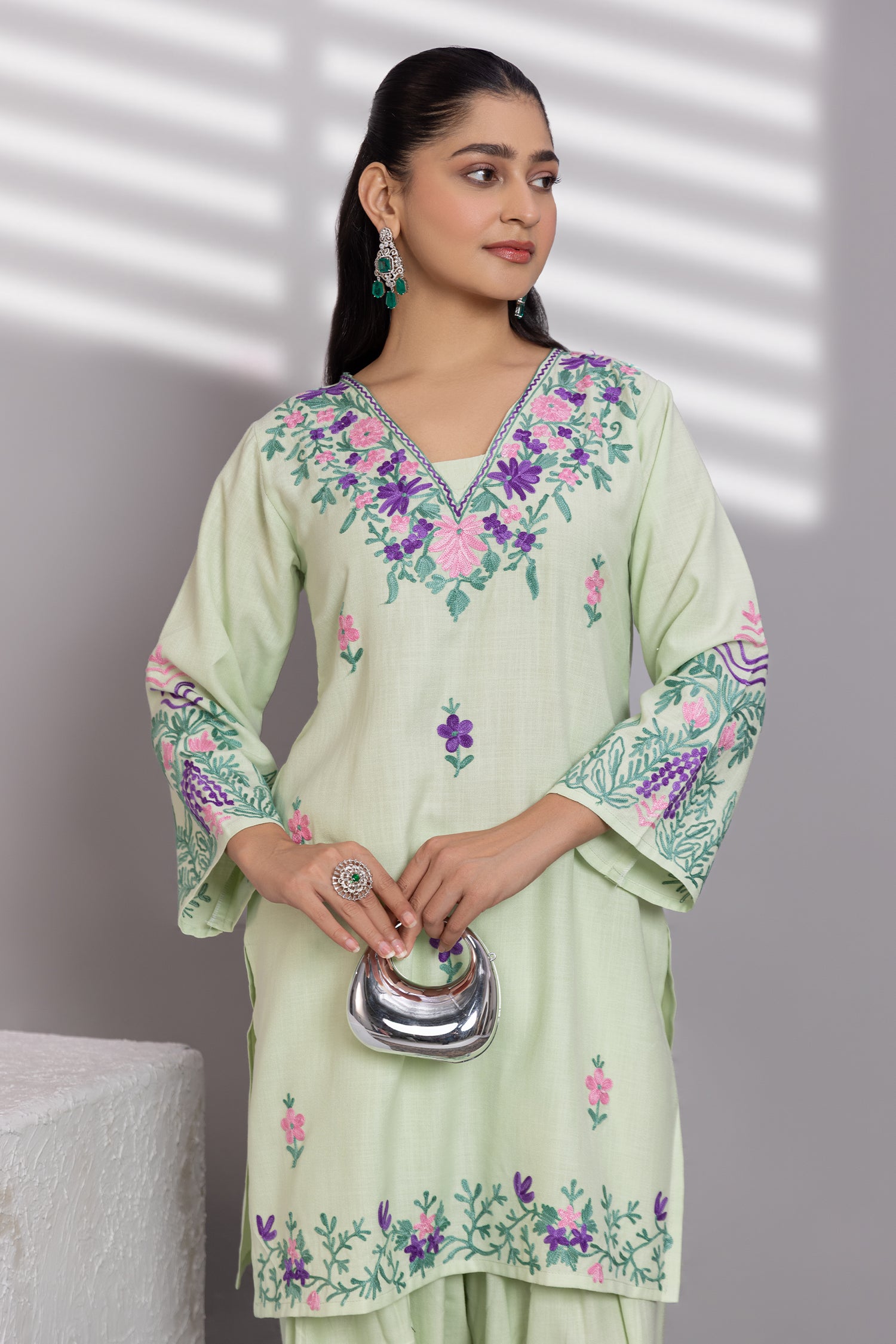 Priyanka x HOK in Cotton Kurta Set in Kashmiri Aari - Pastel Green
