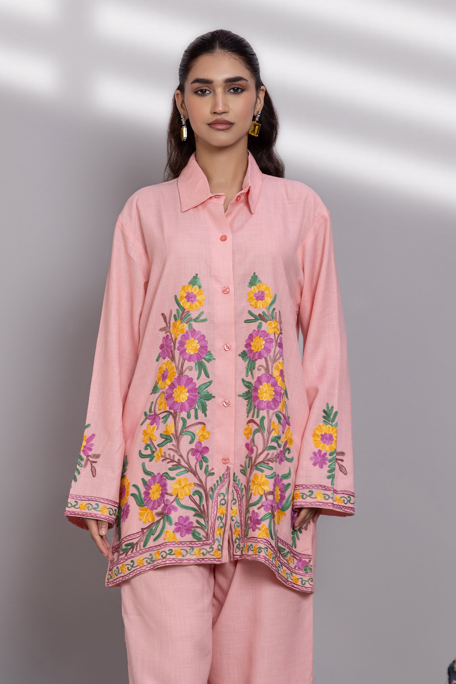 Cotton Kashmiri Aari  Shirt Set - Pink