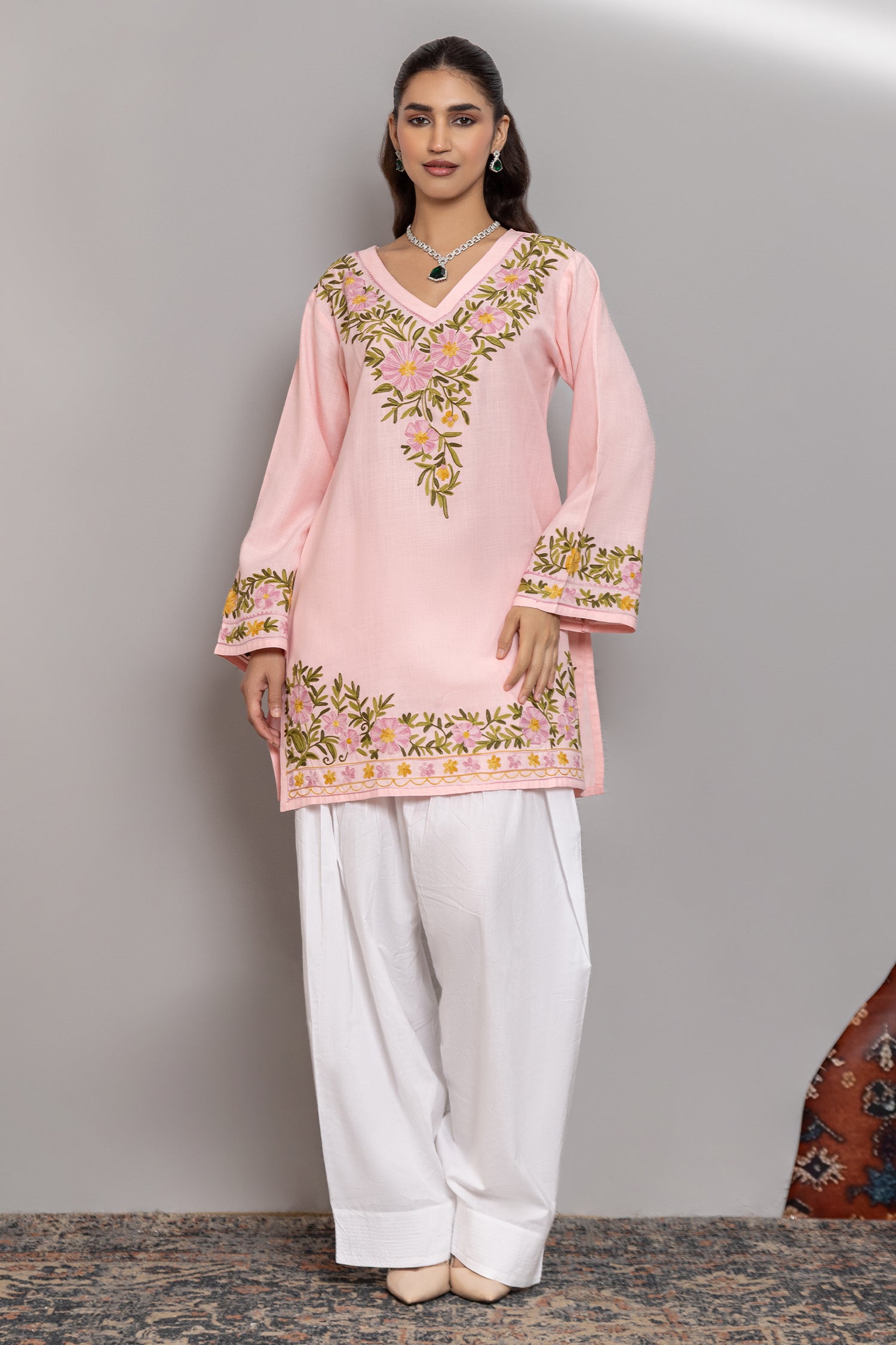 Cotton Kashmiri Aari Short Kurta - Pink