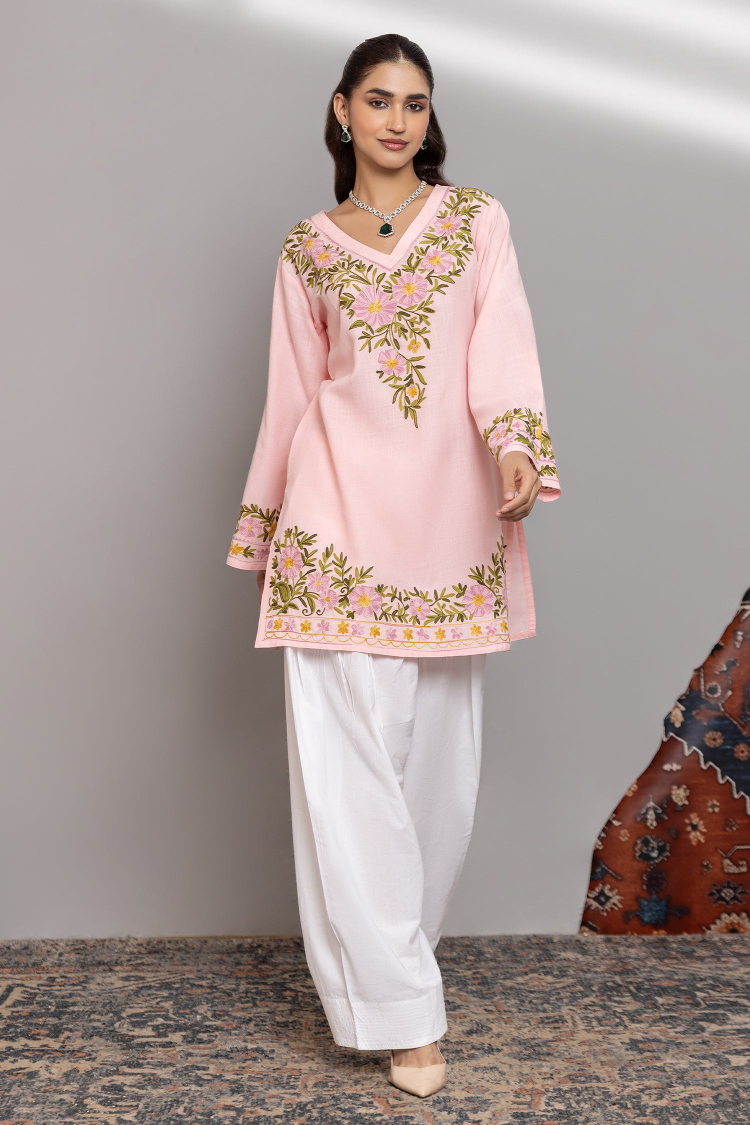 Cotton Kashmiri Aari Short Kurta - Pink