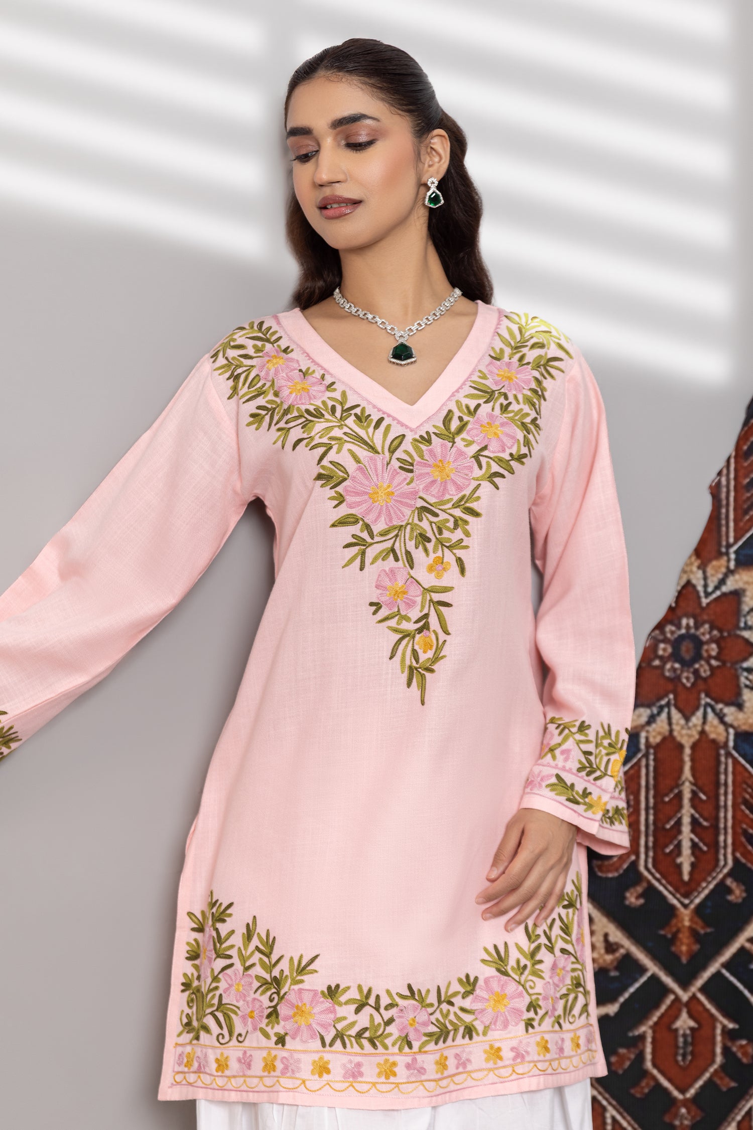 Cotton Kashmiri Aari Short Kurta - Pink