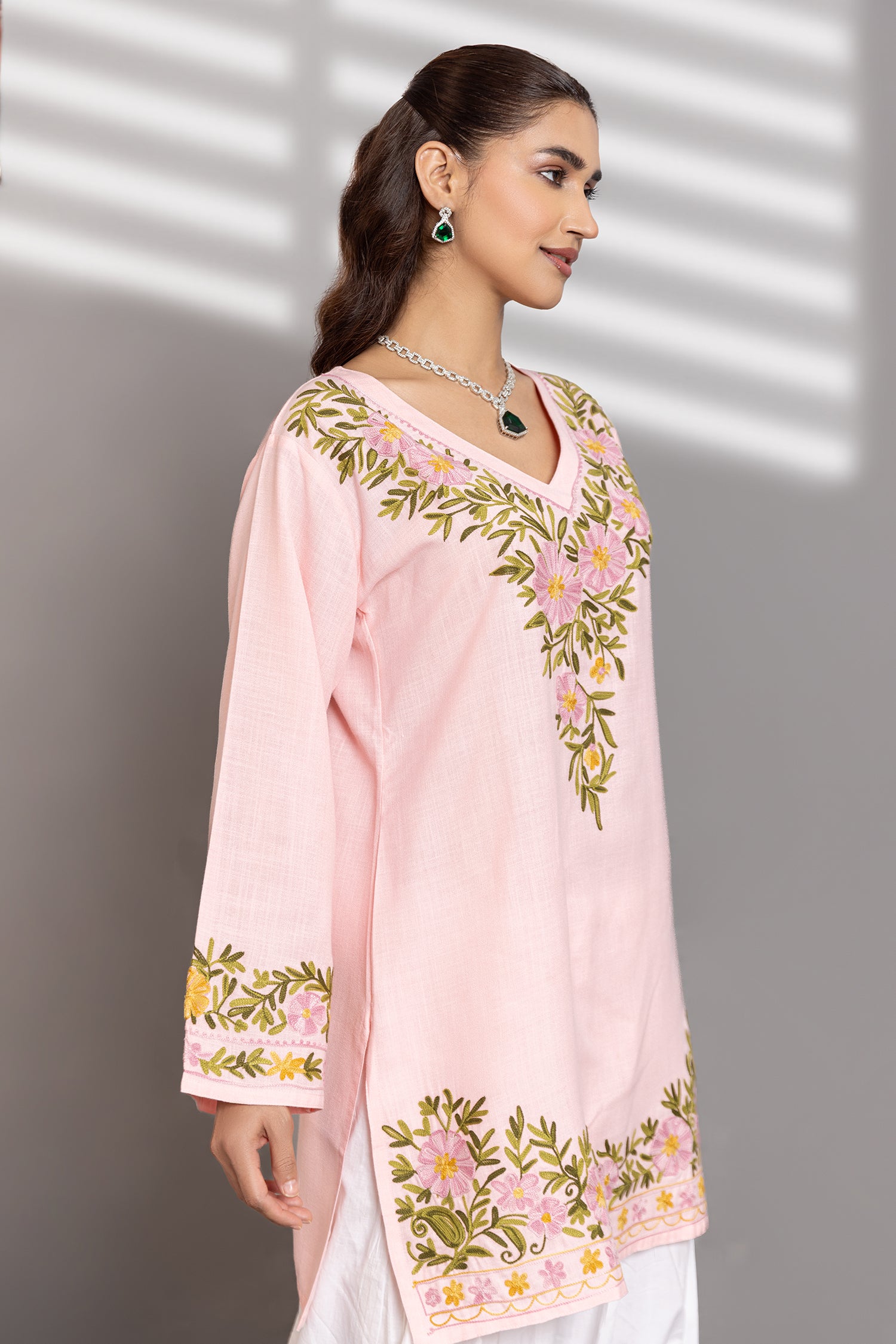 Neha x HOK in Cotton Kashmiri Aari Short Kurta - Pink