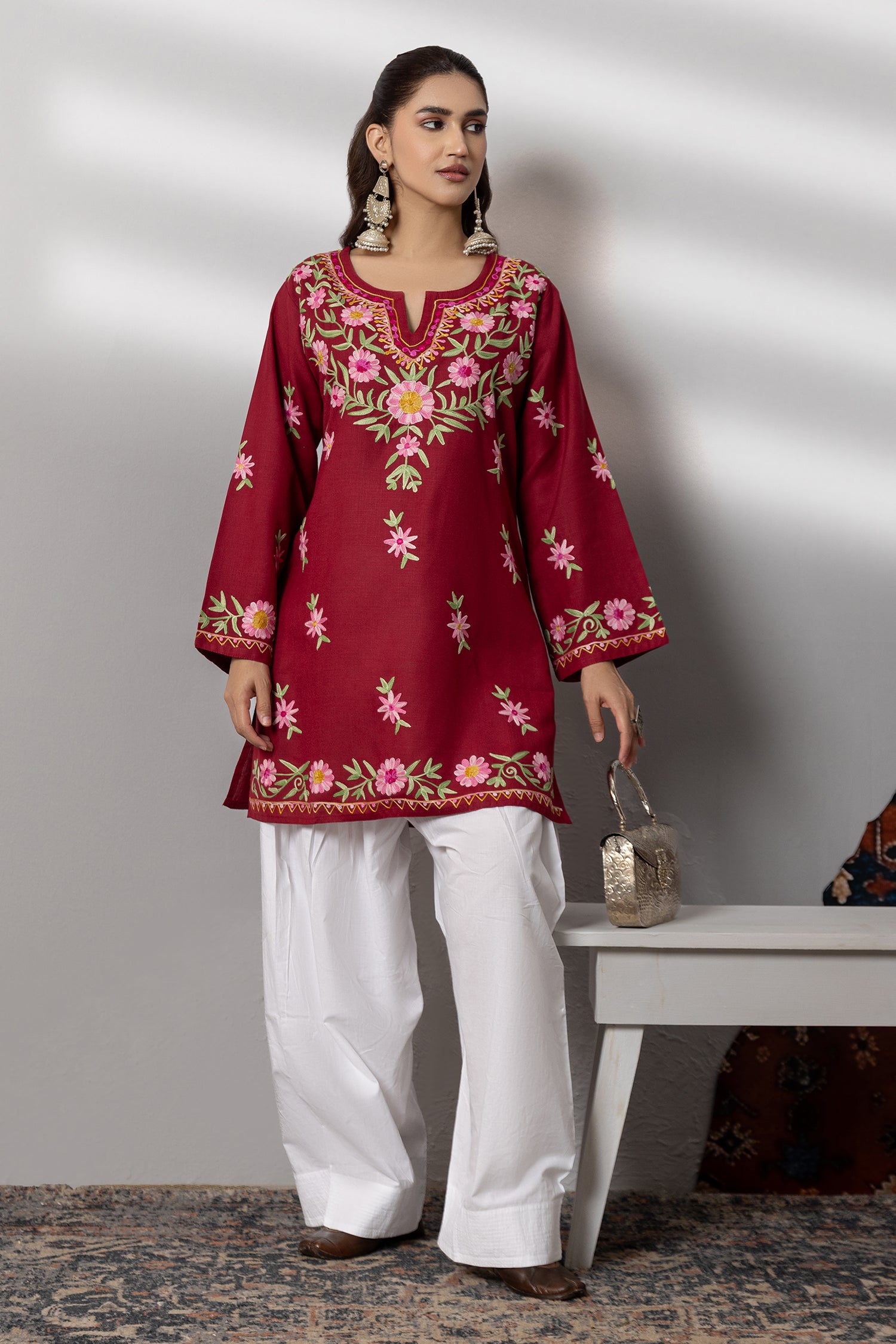Cotton Kashmiri Aari Short Kurta - Maroon