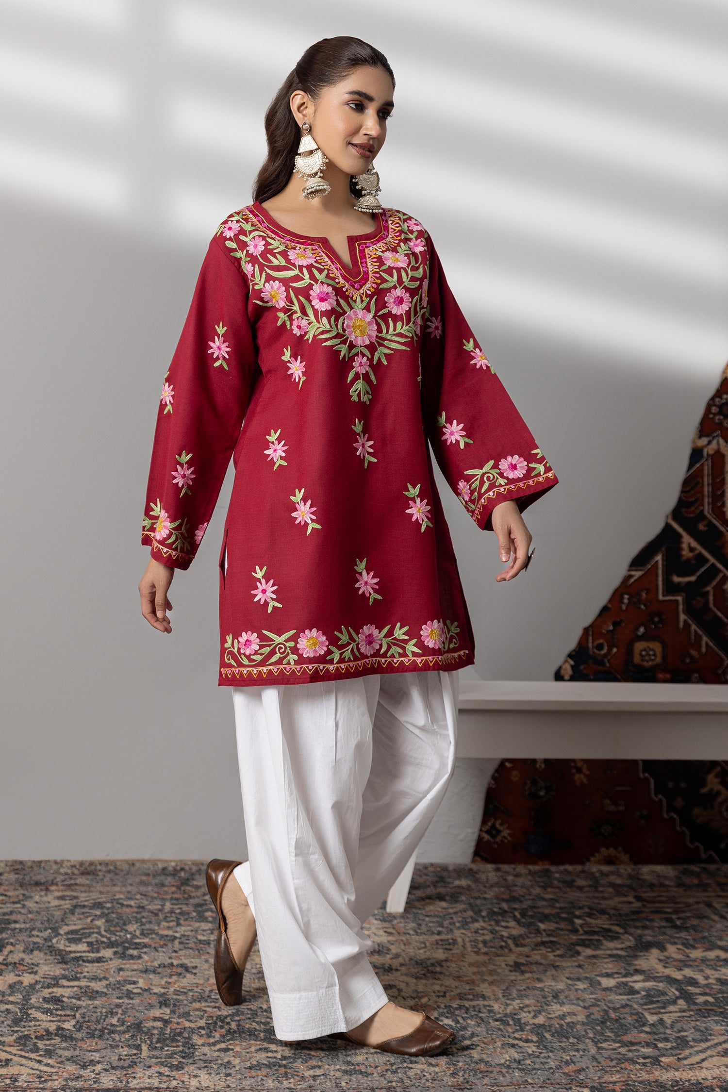 Cotton Kashmiri Aari Short Kurta - Maroon