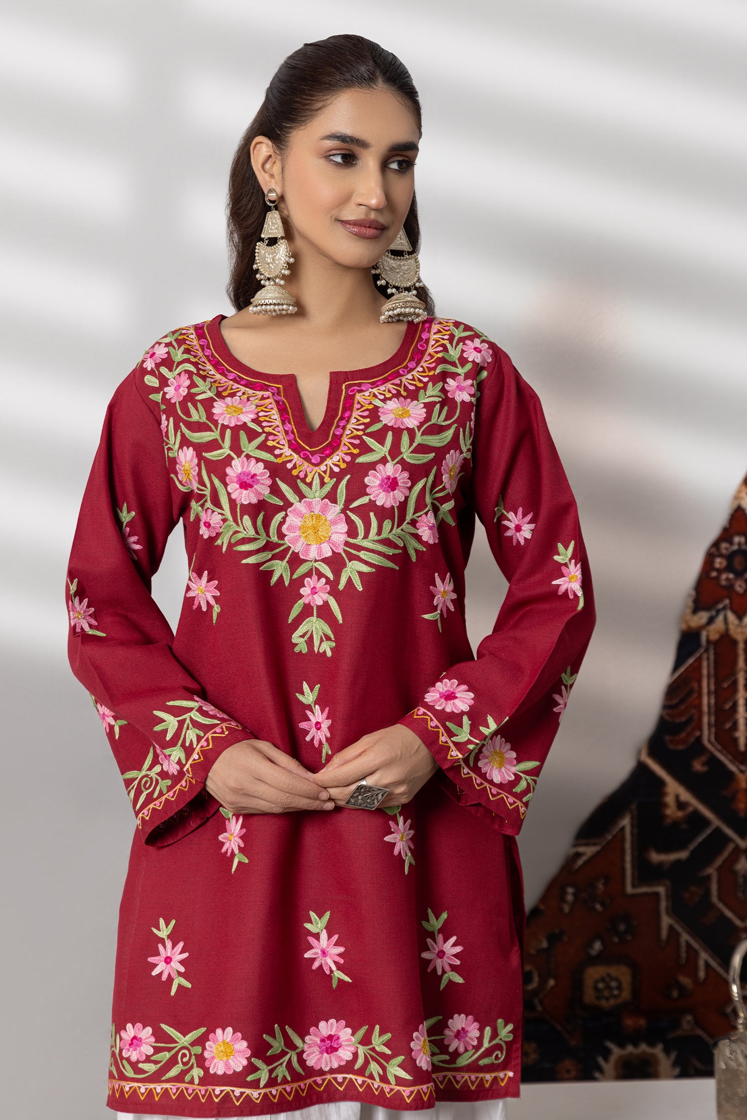 Cotton Kashmiri Aari Short Kurta - Maroon