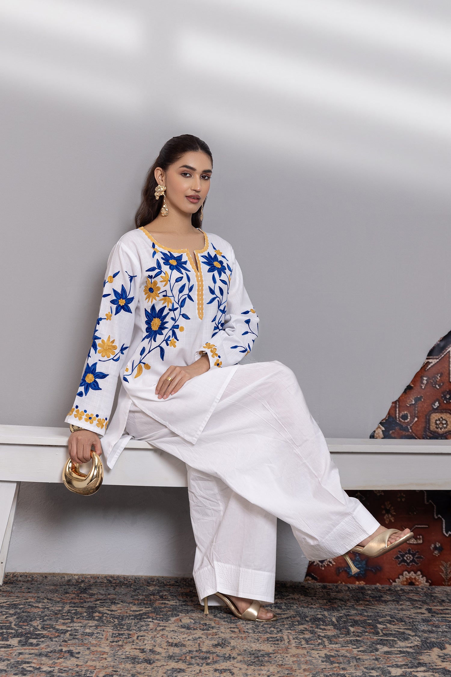 Cotton Kashmiri Aari Kurta - White