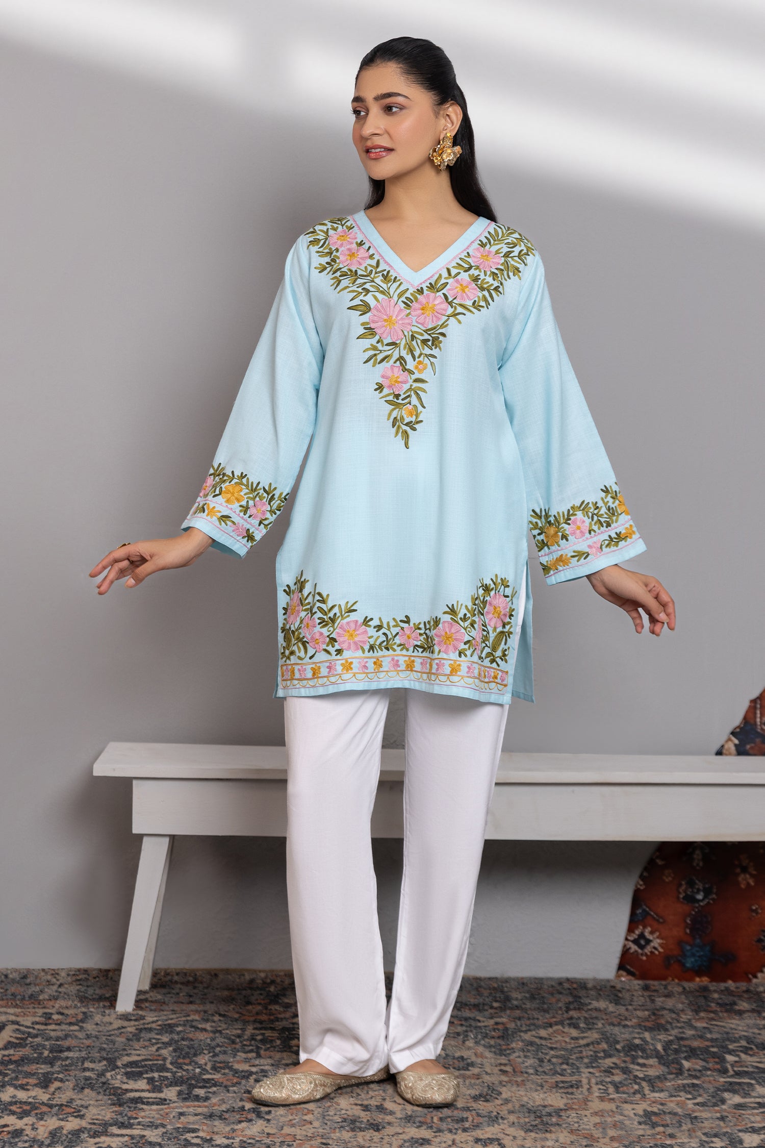 Cotton Kashmiri Aari Short Kurta - Light Blue