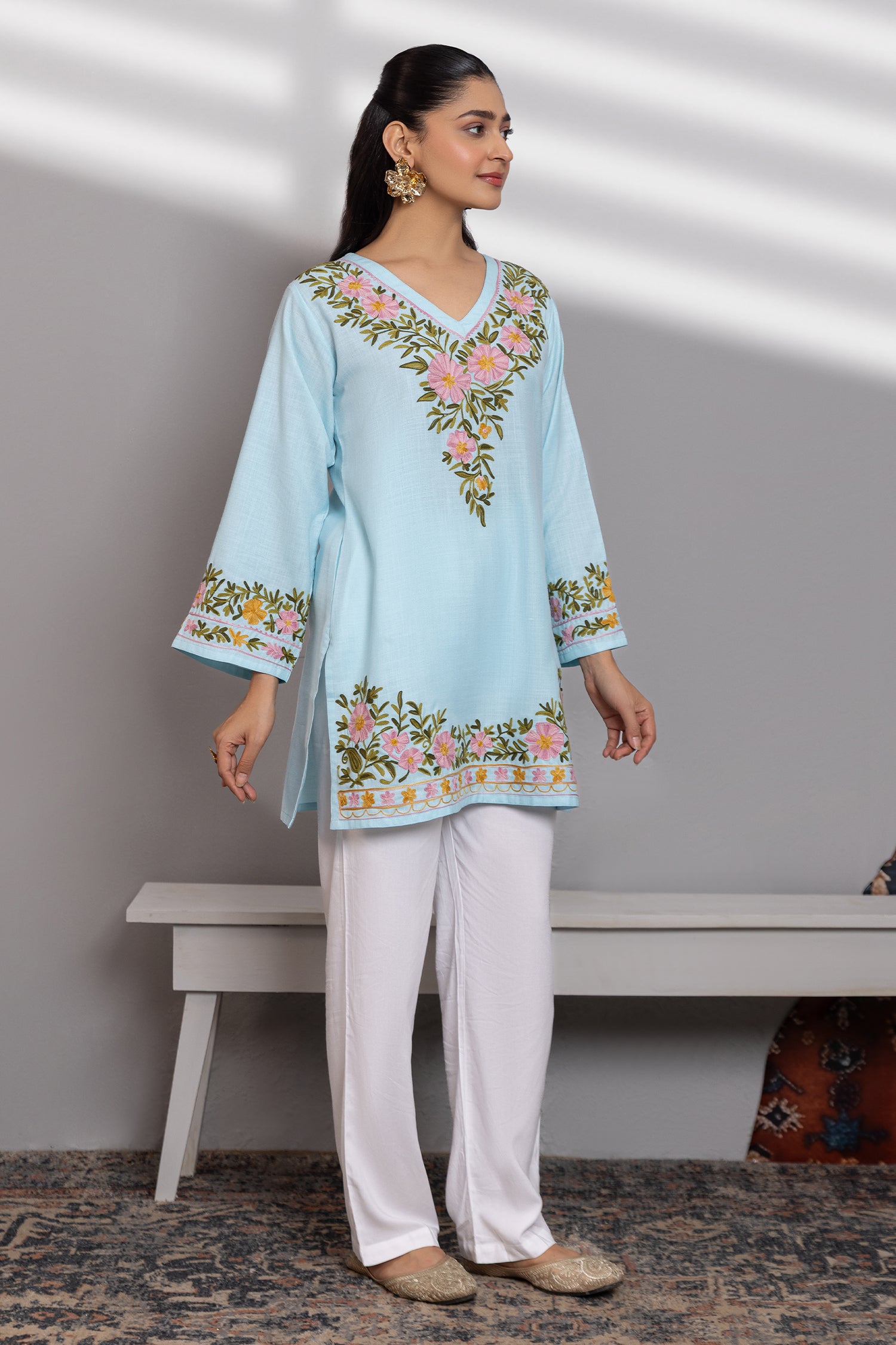 Cotton Kashmiri Aari Short Kurta - Light Blue