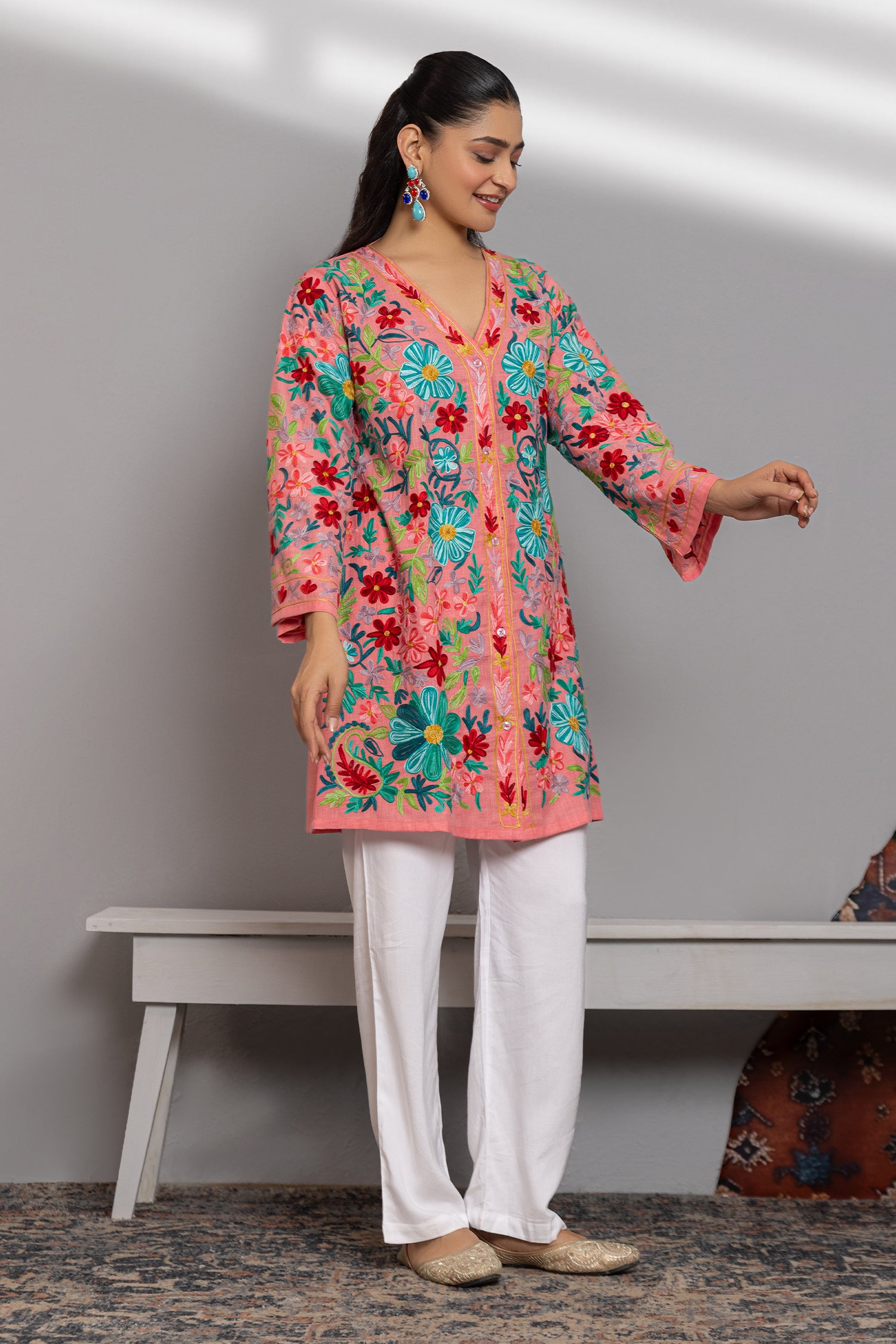 Cotton Kashmiri Aari Jacket - Pink