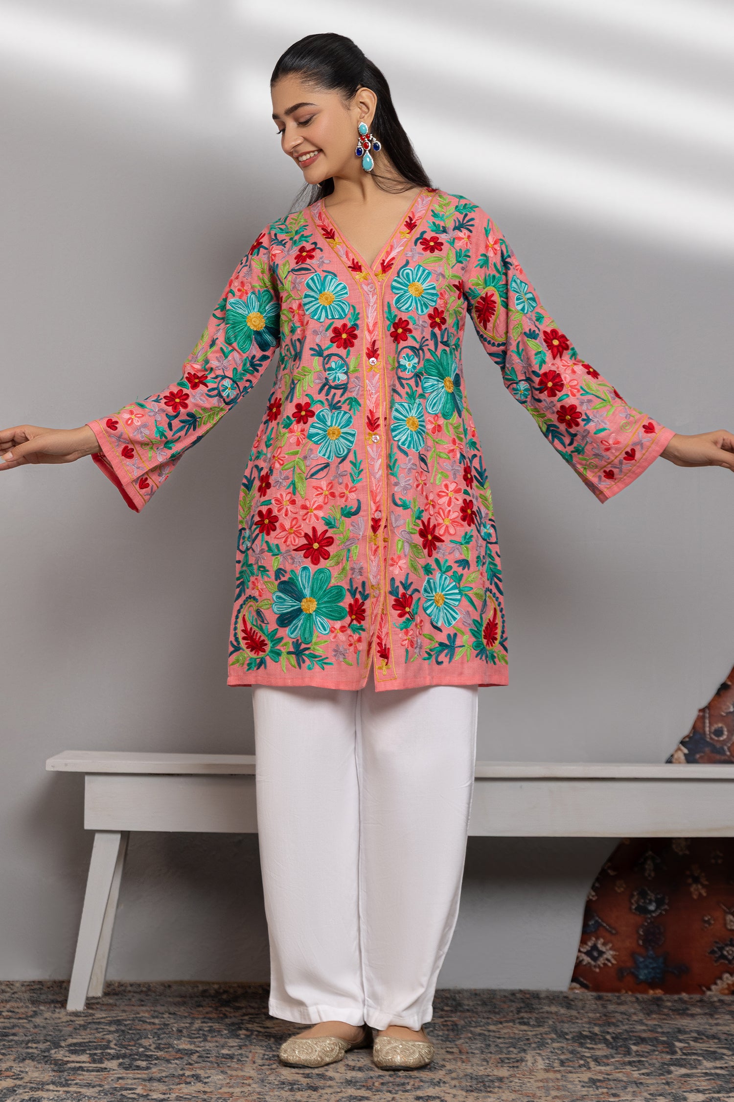 Cotton Kashmiri Aari Jacket - Pink