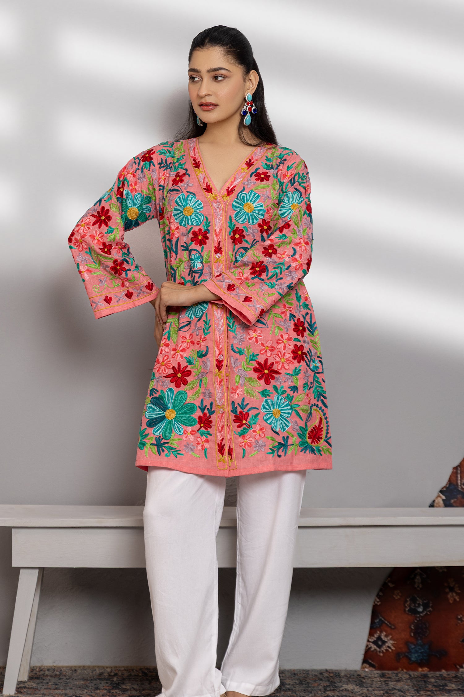 Cotton Kashmiri Aari Jacket - Pink