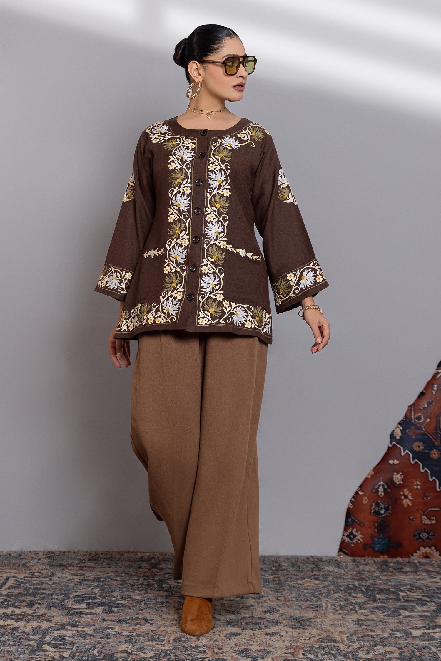 Cotton  Kashmiri Aari Jacket- Brown