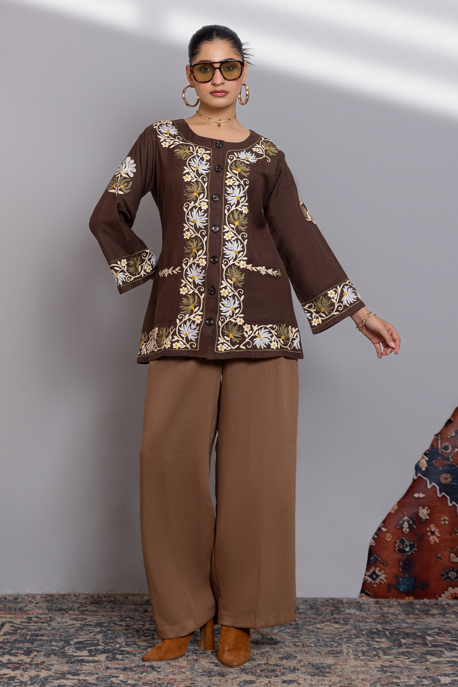 Cotton  Kashmiri Aari Jacket- Brown