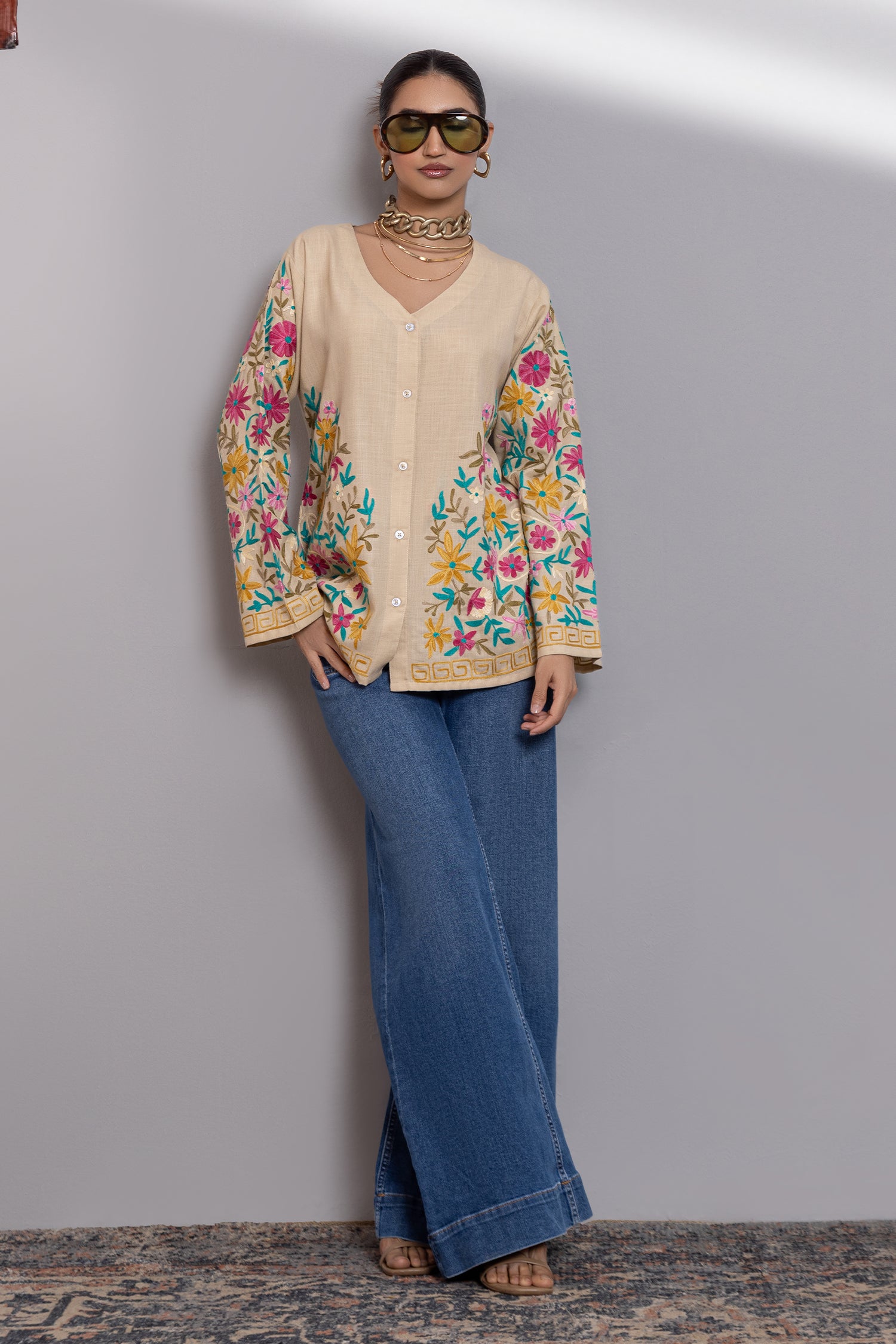 Cotton Kashmiri Aari Short Jacket - Beige