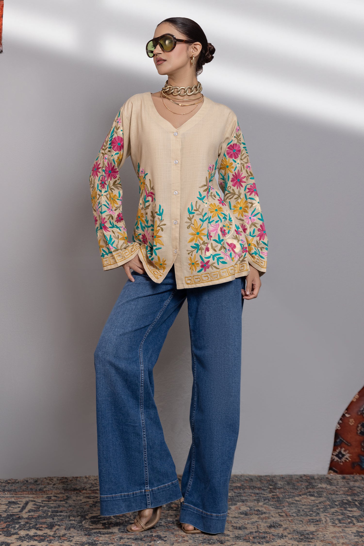 Cotton Kashmiri Aari Short Jacket - Beige
