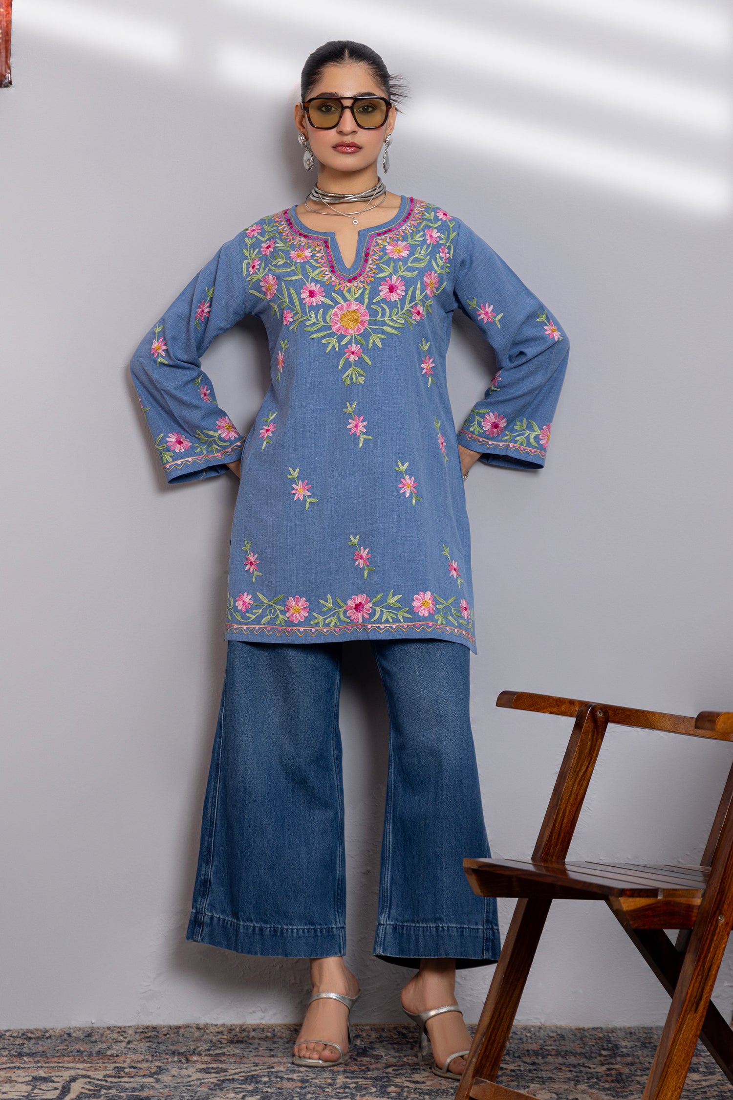 Denim Cotton Kashmiri Aari Short Kurta - Denim Blue