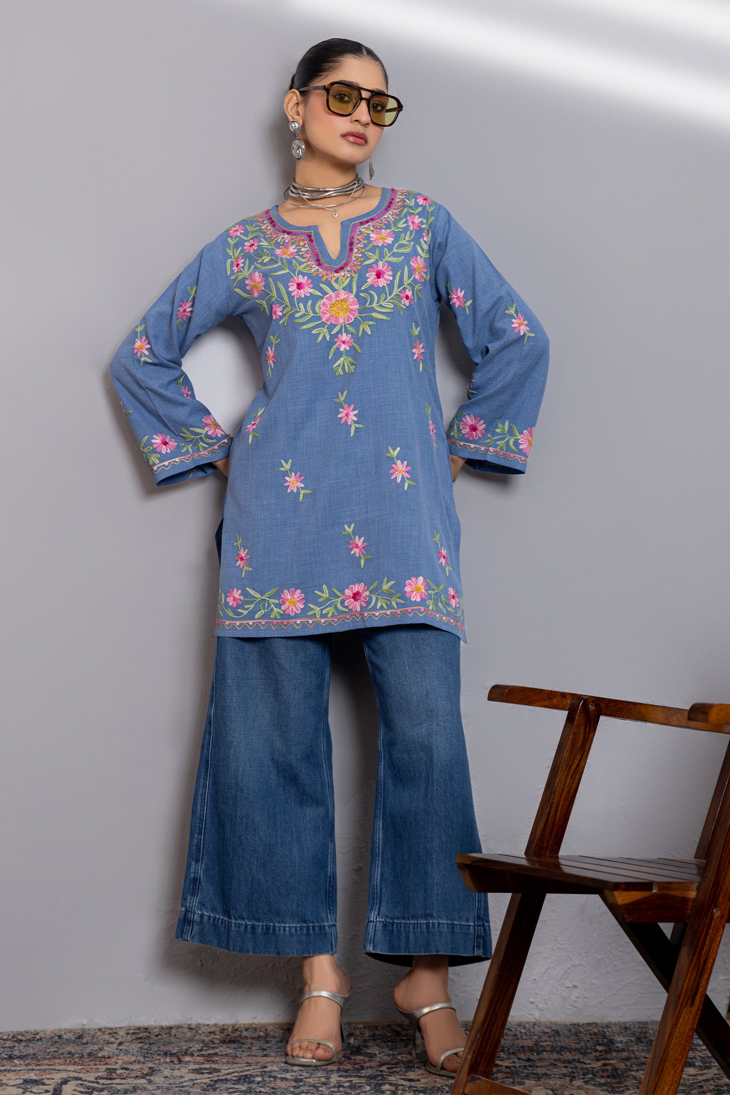 Denim Cotton Kashmiri Aari Short Kurta - Denim Blue