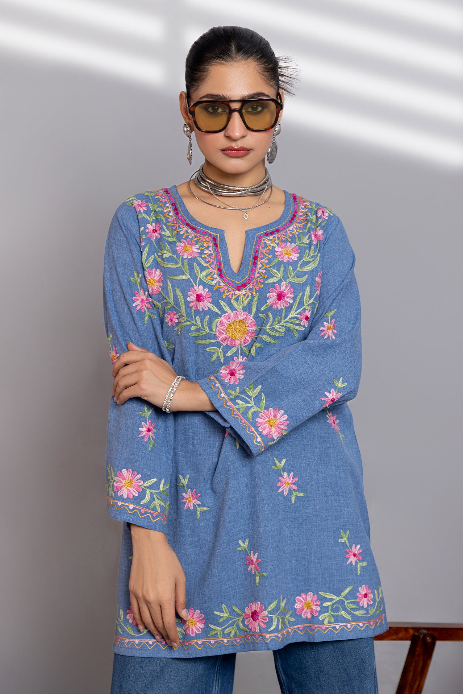 Denim Cotton Kashmiri Aari Short Kurta - Denim Blue