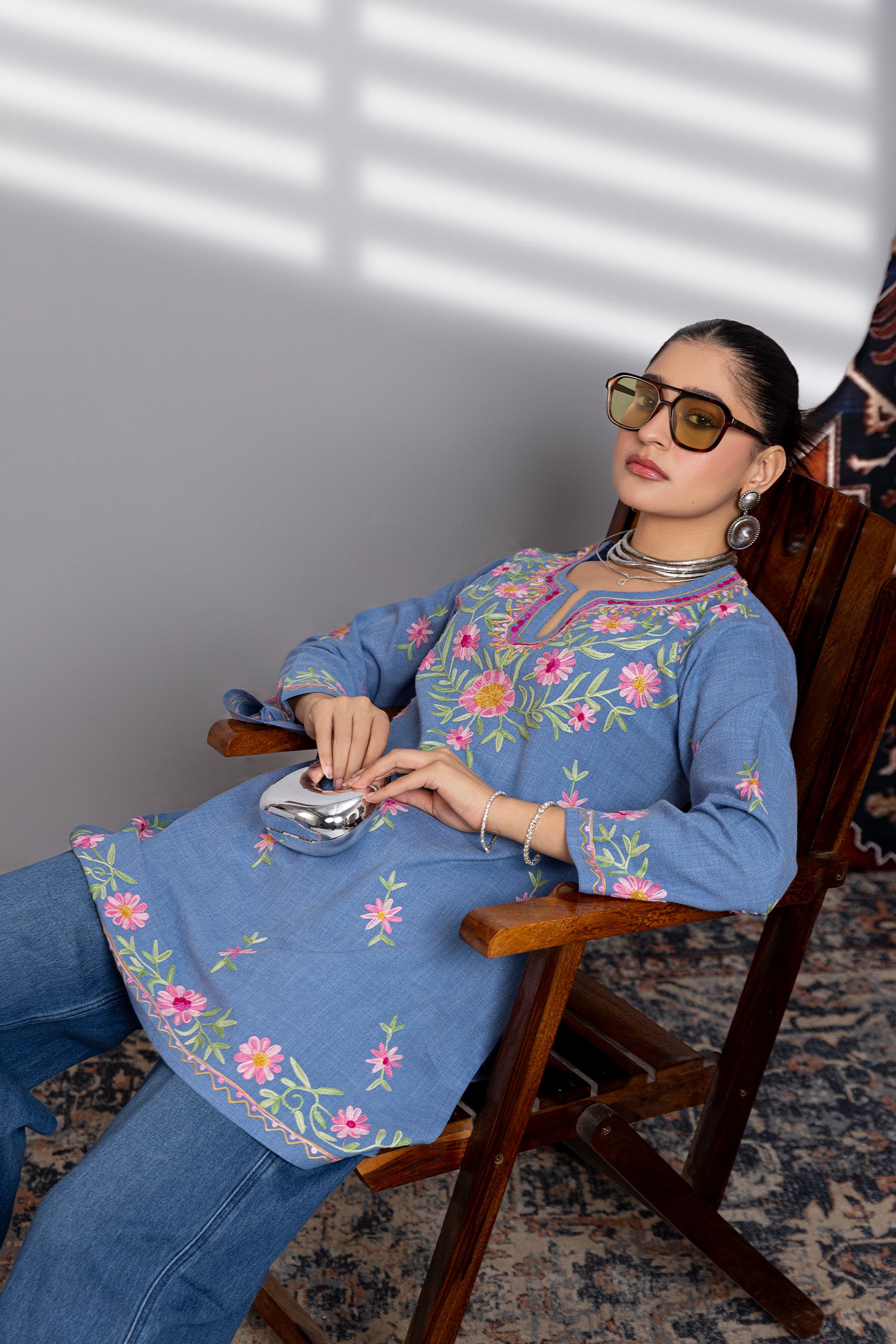 Denim Cotton Kashmiri Aari Short Kurta - Denim Blue