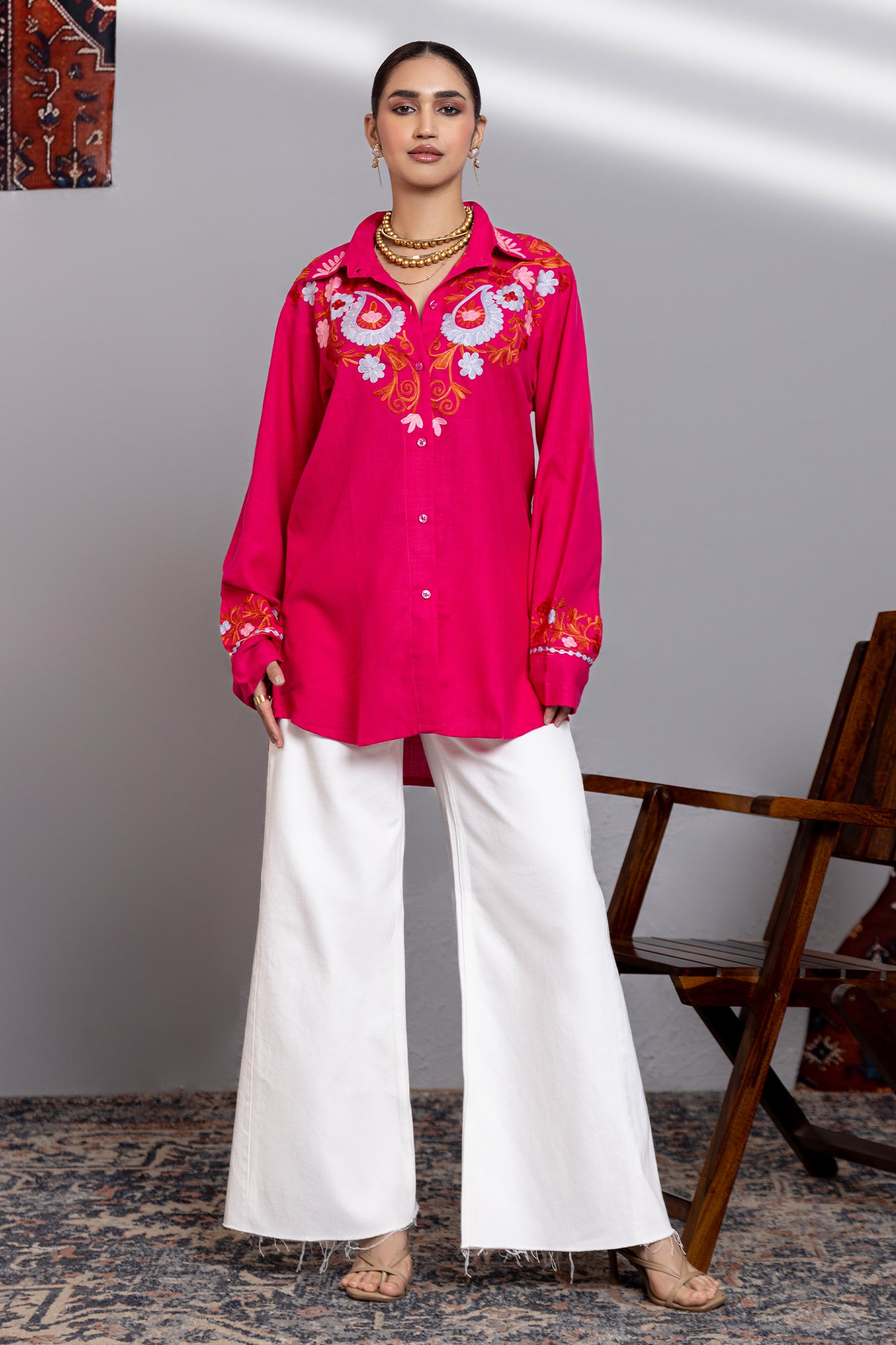 Cotton Kashmiri Aari  Shirt - Pink