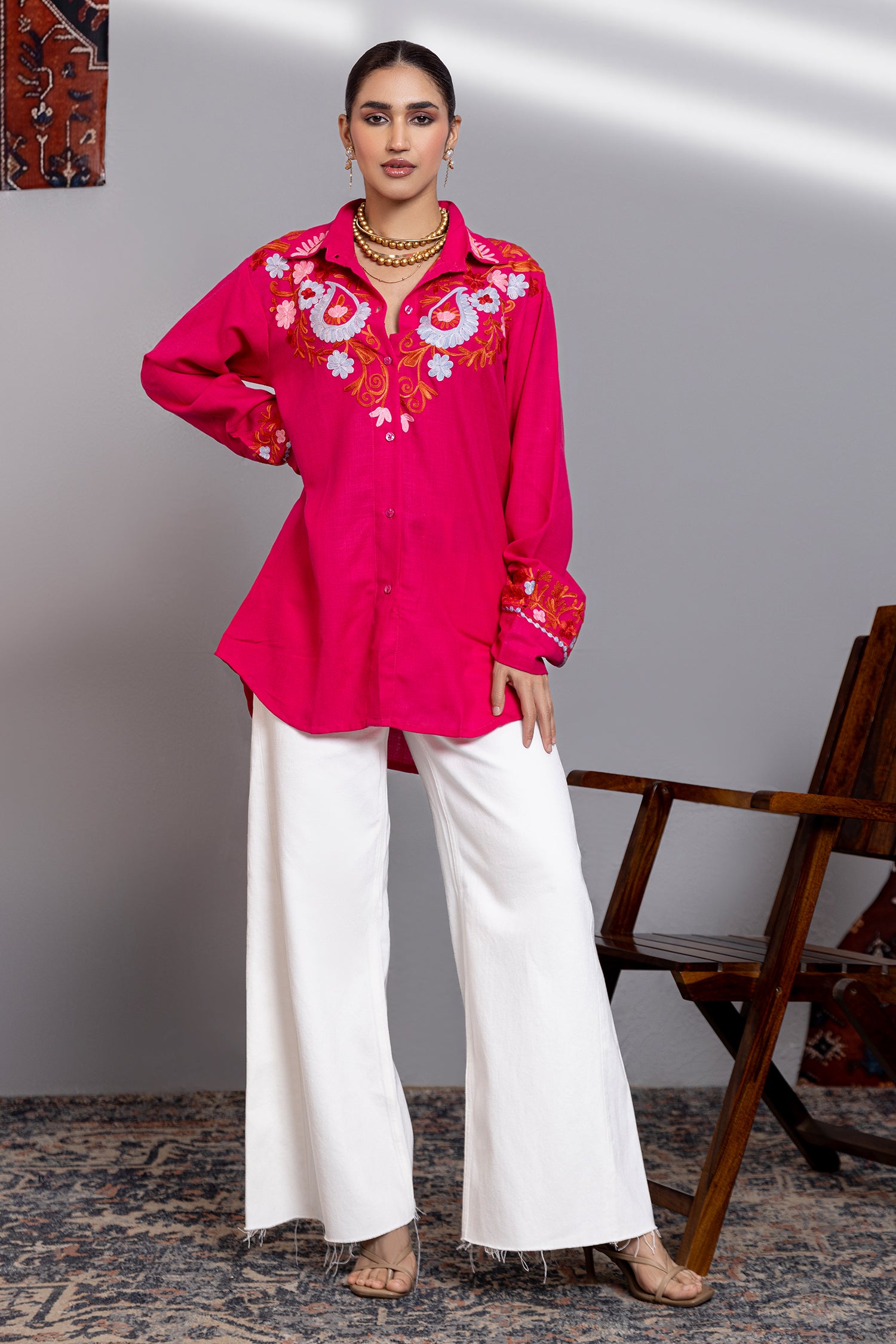 Cotton Kashmiri Aari  Shirt - Pink