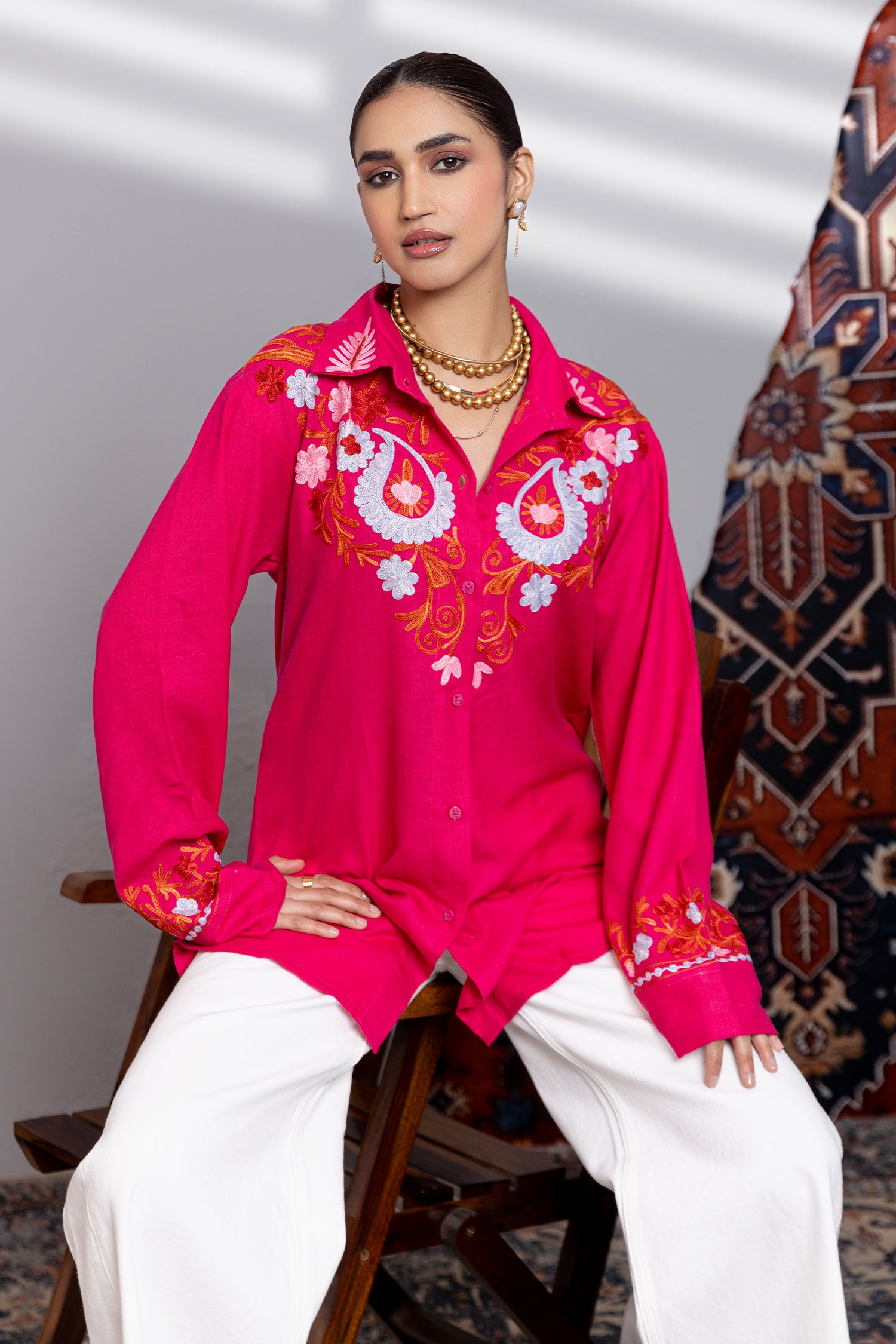 Cotton Kashmiri Aari  Shirt - Pink