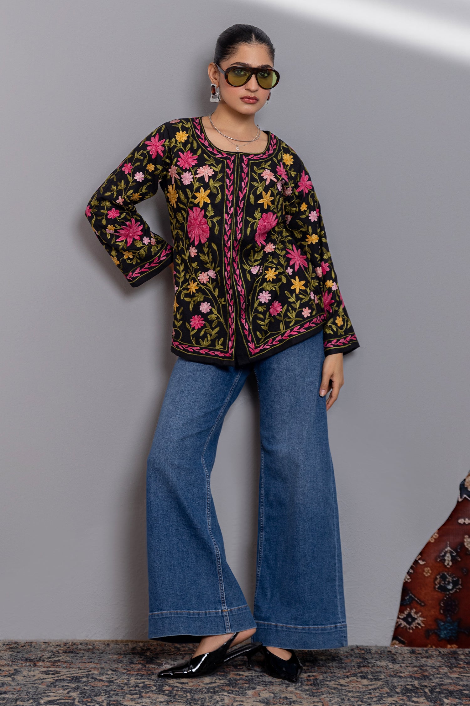 Cotton Kashmiri Aari Short Jacket - Black