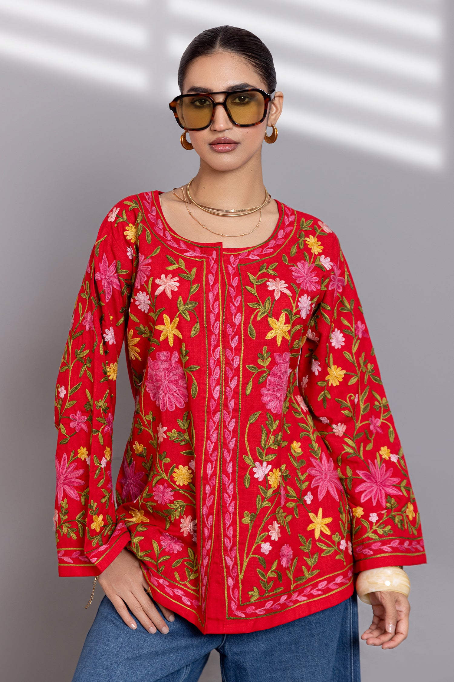 Cotton Kashmiri Aari Short Jacket - Red