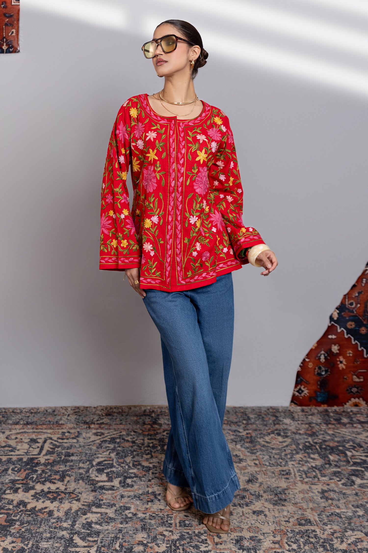 Cotton Kashmiri Aari Short Jacket - Red