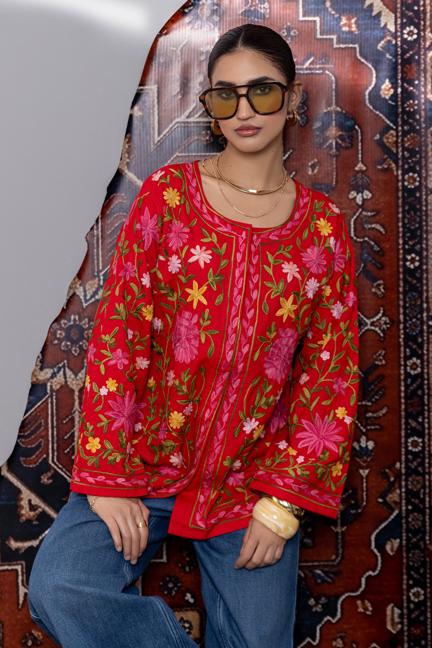Cotton Kashmiri Aari Short Jacket - Red