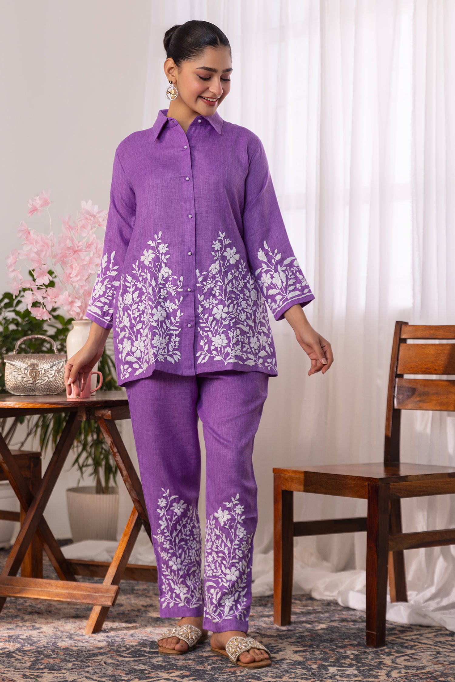 Slub Cotton Chikankari Kurta Set - Purple