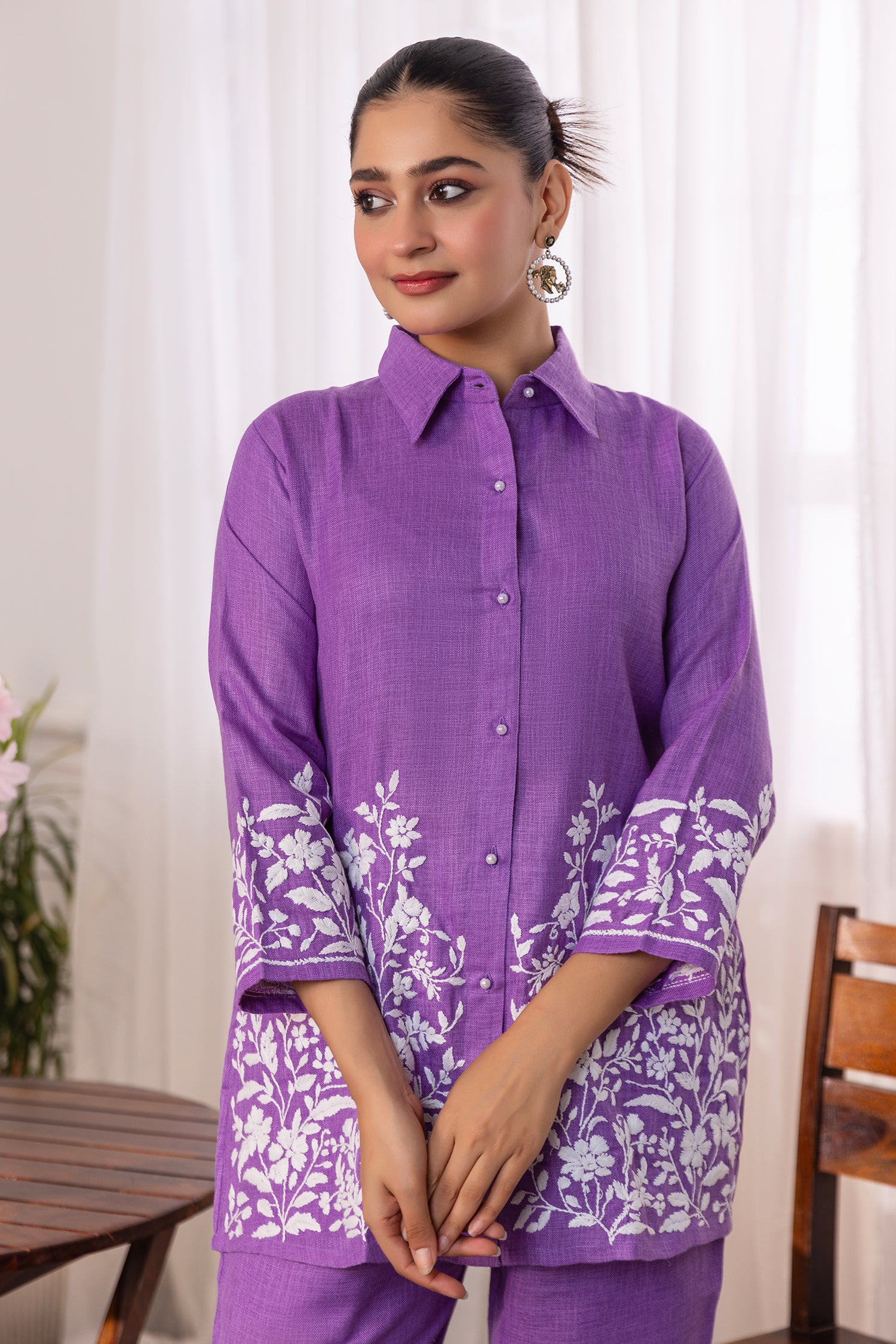 Slub Cotton Chikankari Kurta Set - Purple