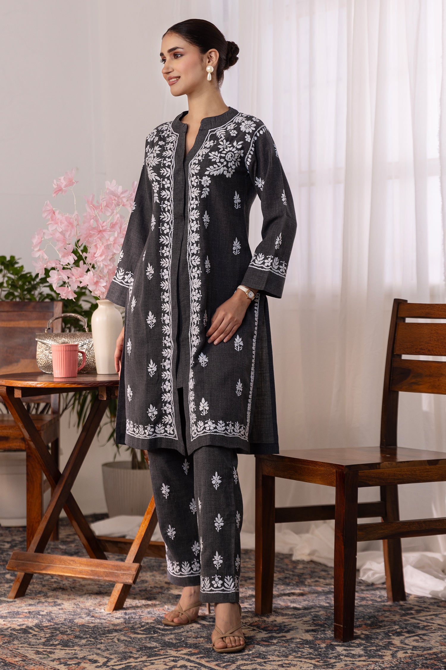 Denim Cotton Chikankari Kurta Set - Charcoal Grey