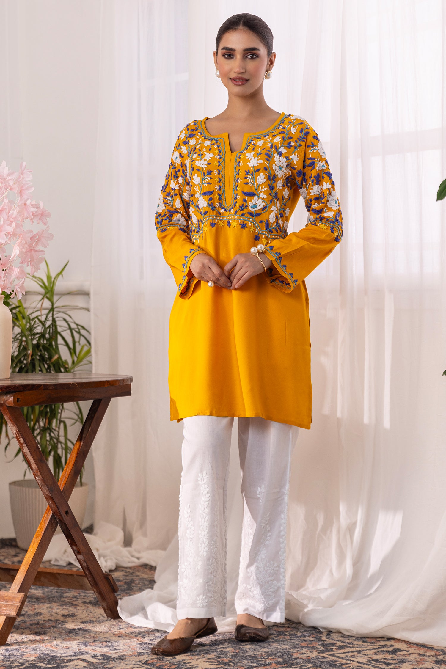 Rayon Chikankari Short Kurta - Mustard