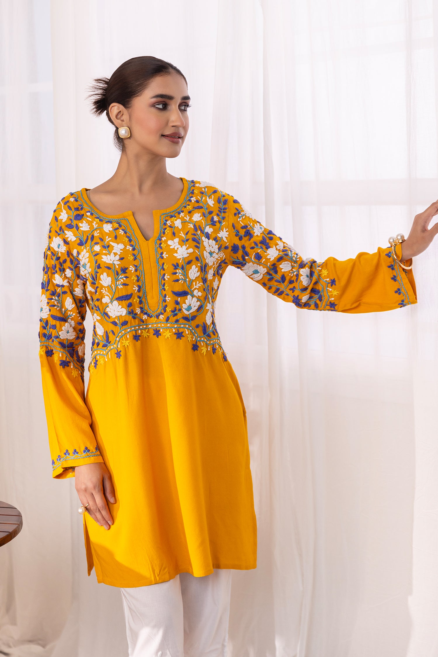 Rayon Chikankari Short Kurta - Mustard
