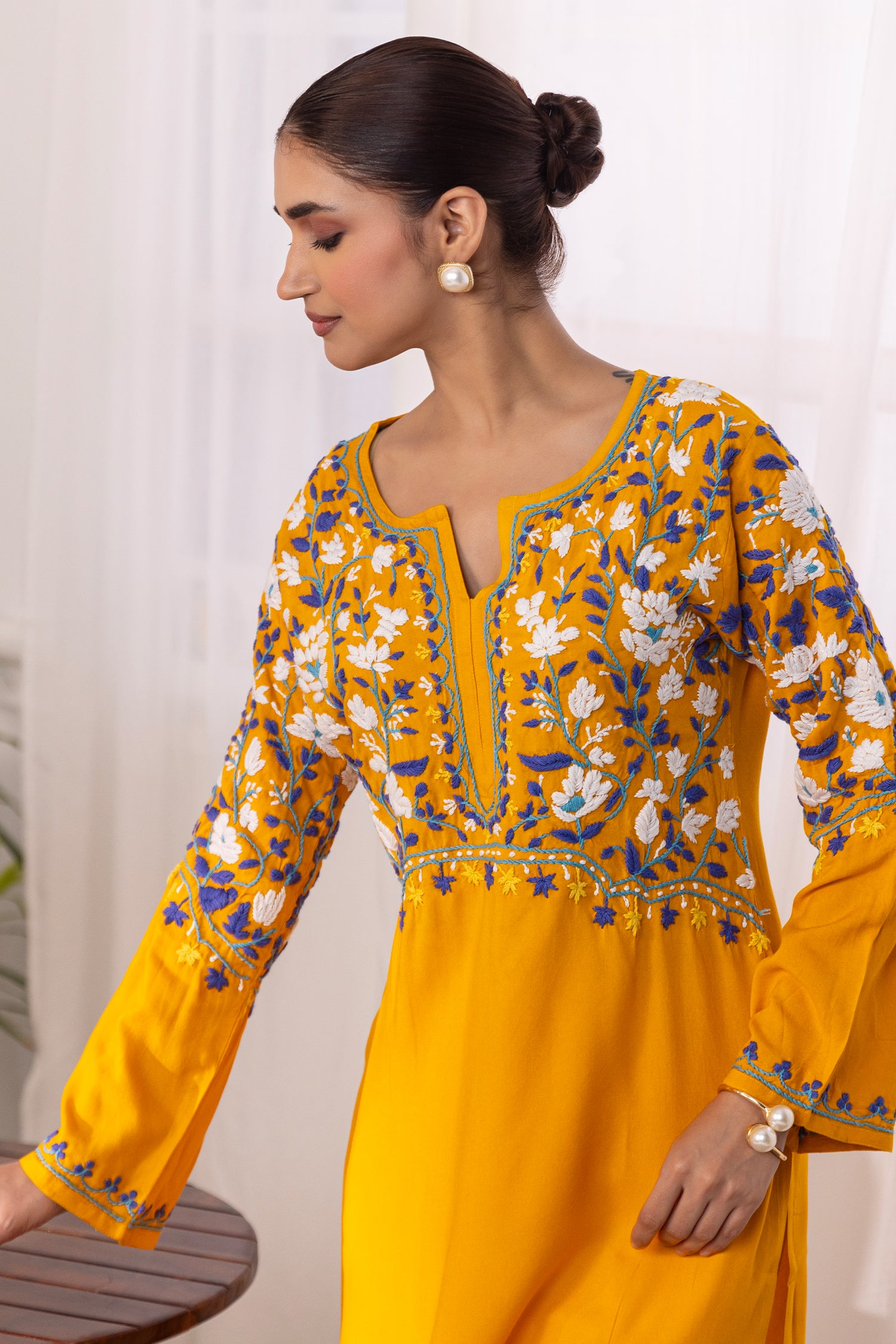 Rayon Chikankari Short Kurta - Mustard
