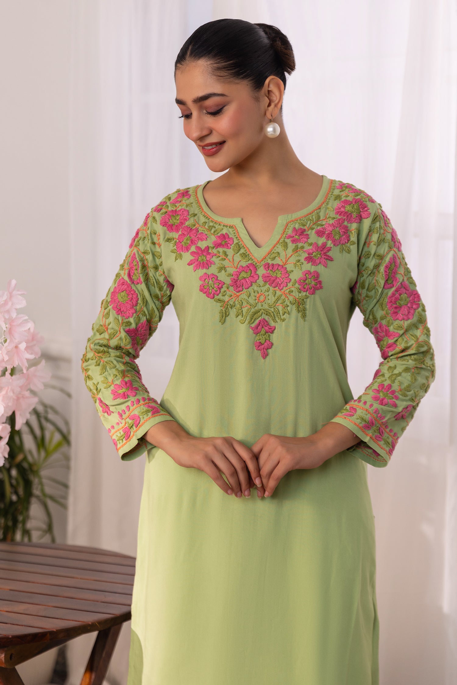 Rayon Chikankari Long Kurta – Pista Green