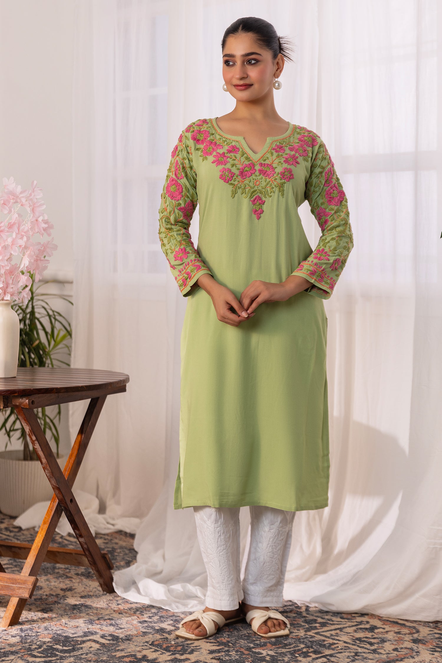 Rayon Chikankari Long Kurta – Pista Green