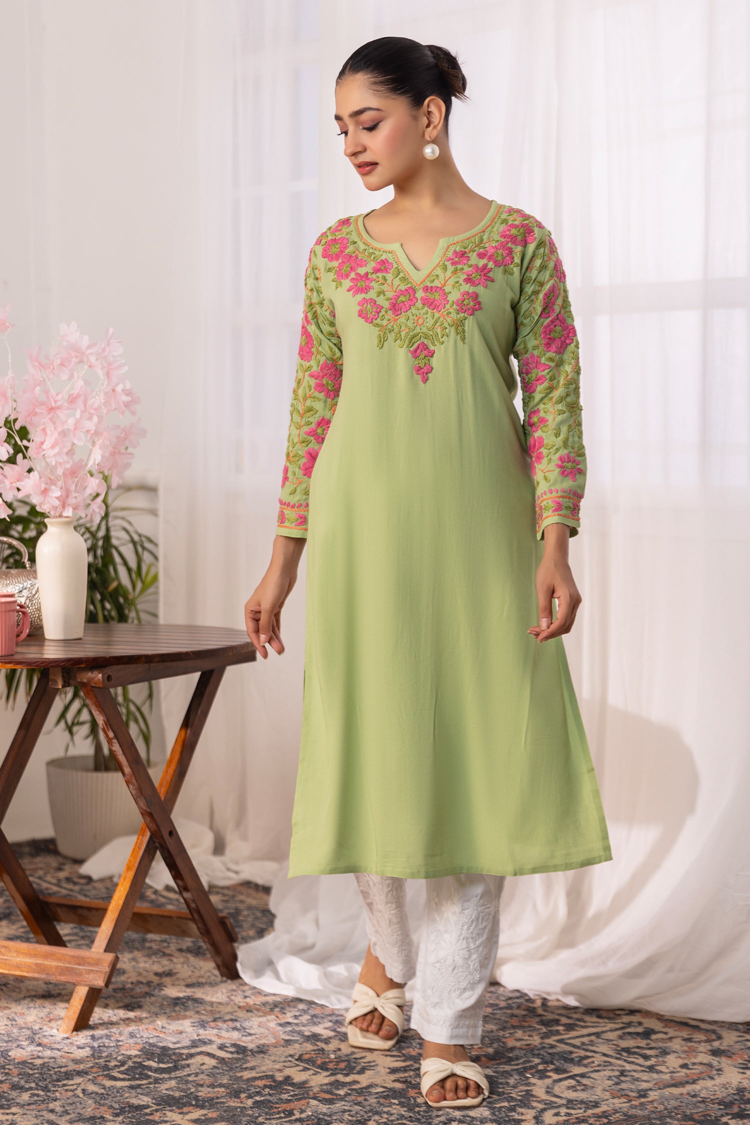 Rayon Chikankari Long Kurta – Pista Green