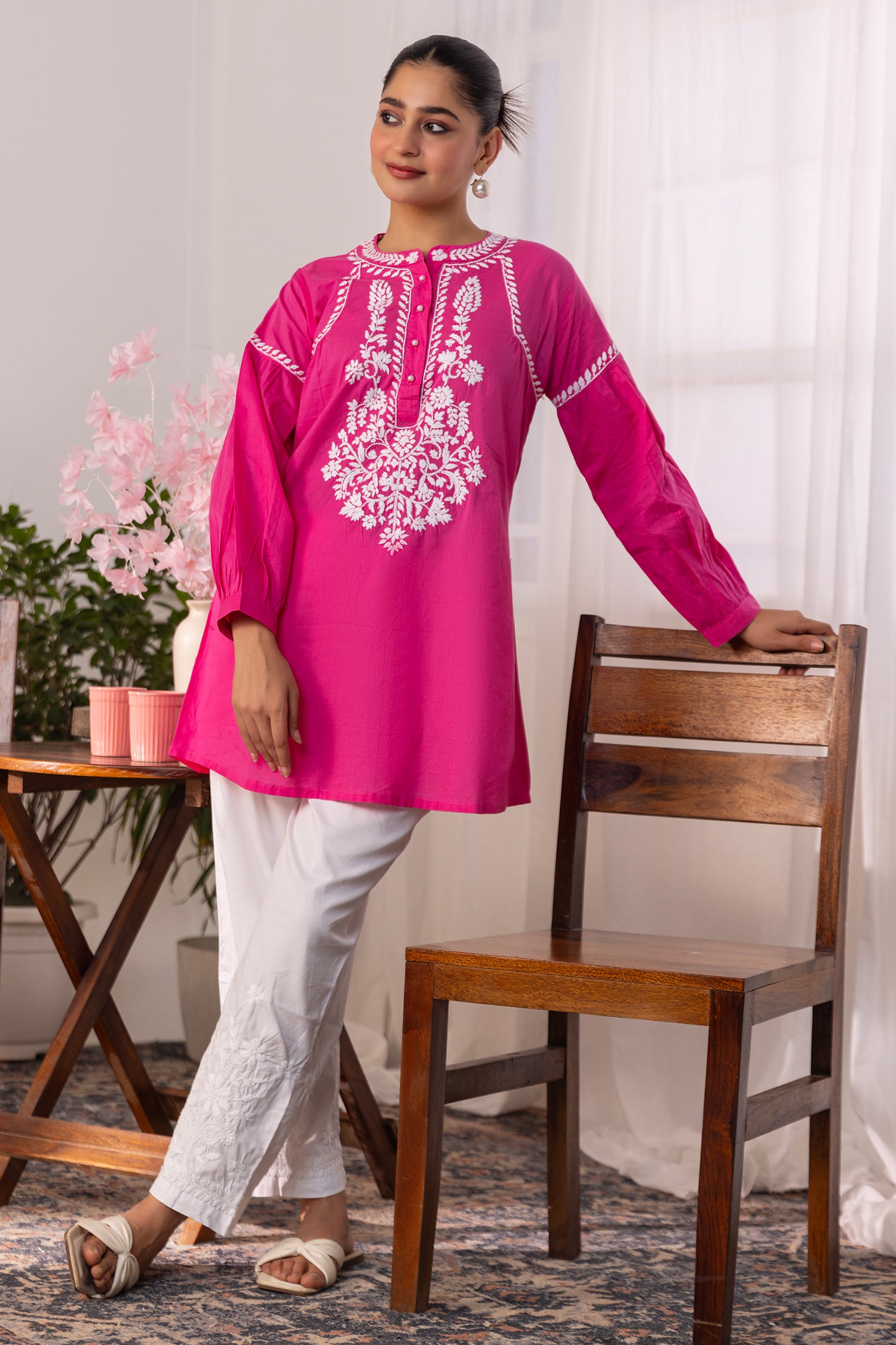 Cotton Chikankari Short Kurta - Pink