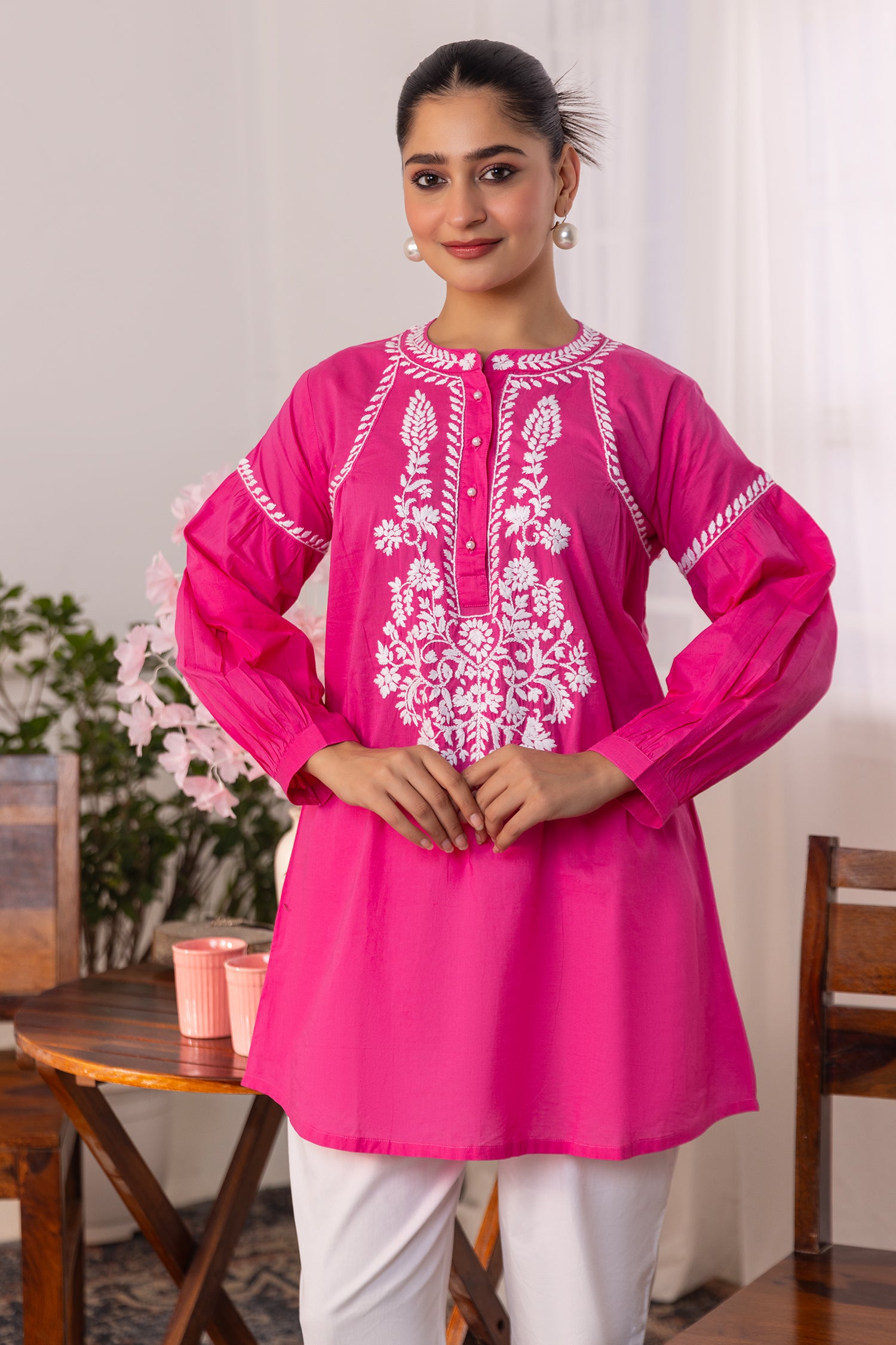 Cotton Chikankari Short Kurta - Pink