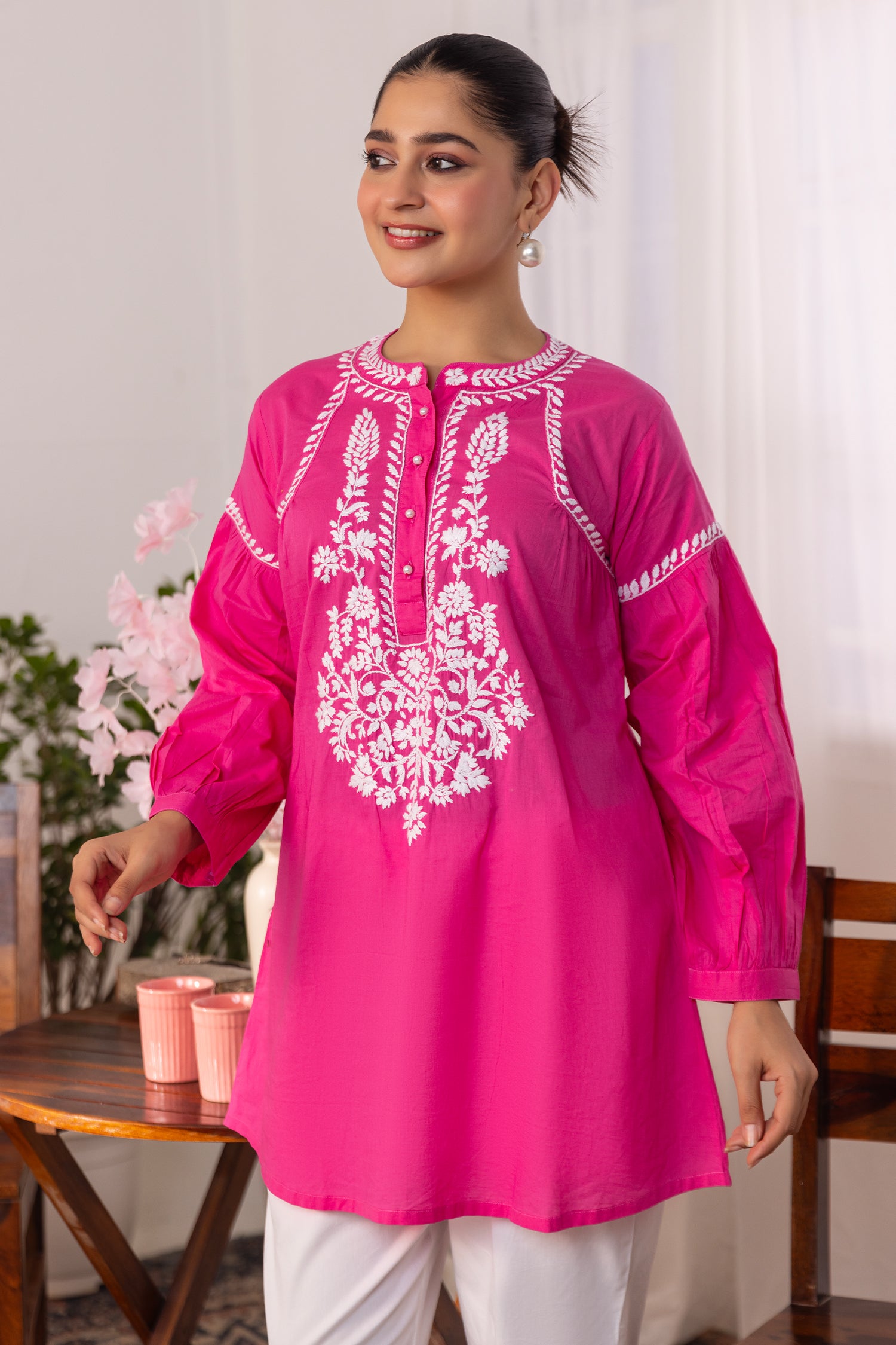 Cotton Chikankari Short Kurta - Pink