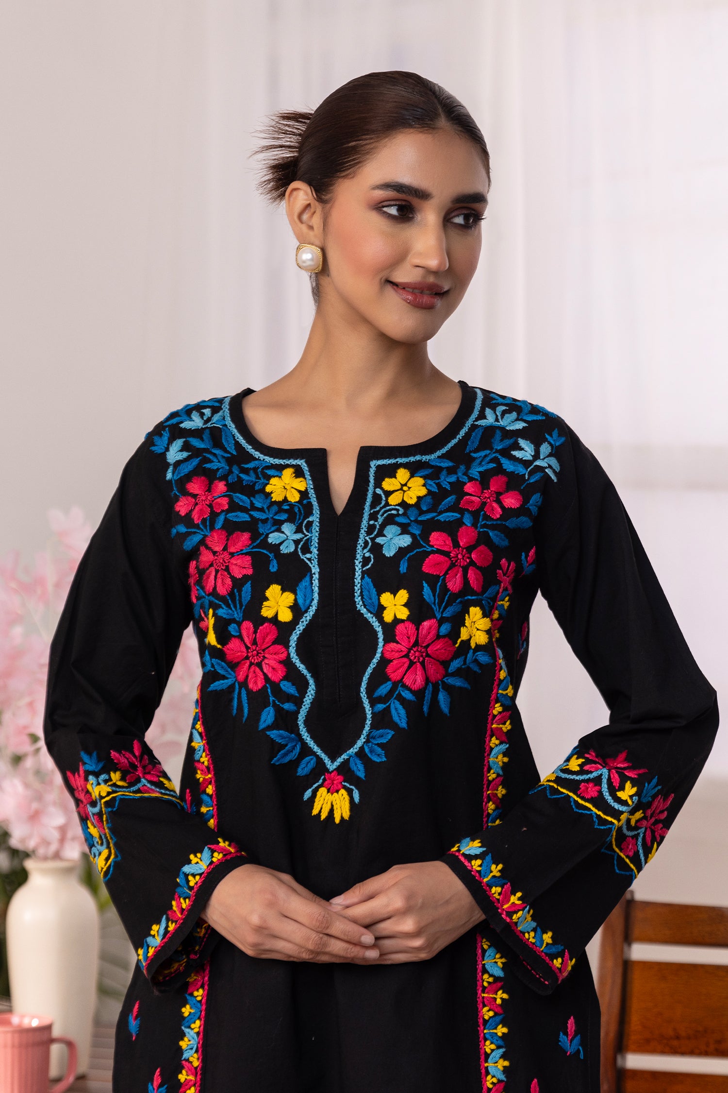 Cotton Chikankari Long Kurta - Black with Multicolour