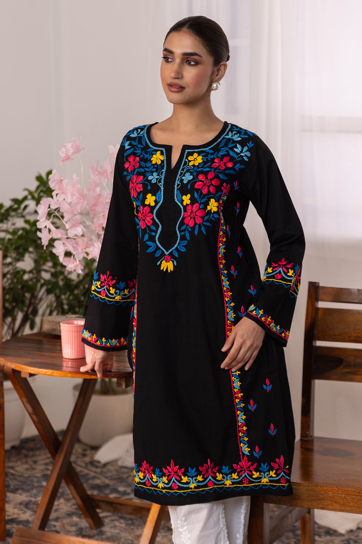 Cotton Chikankari Long Kurta - Black with Multicolour