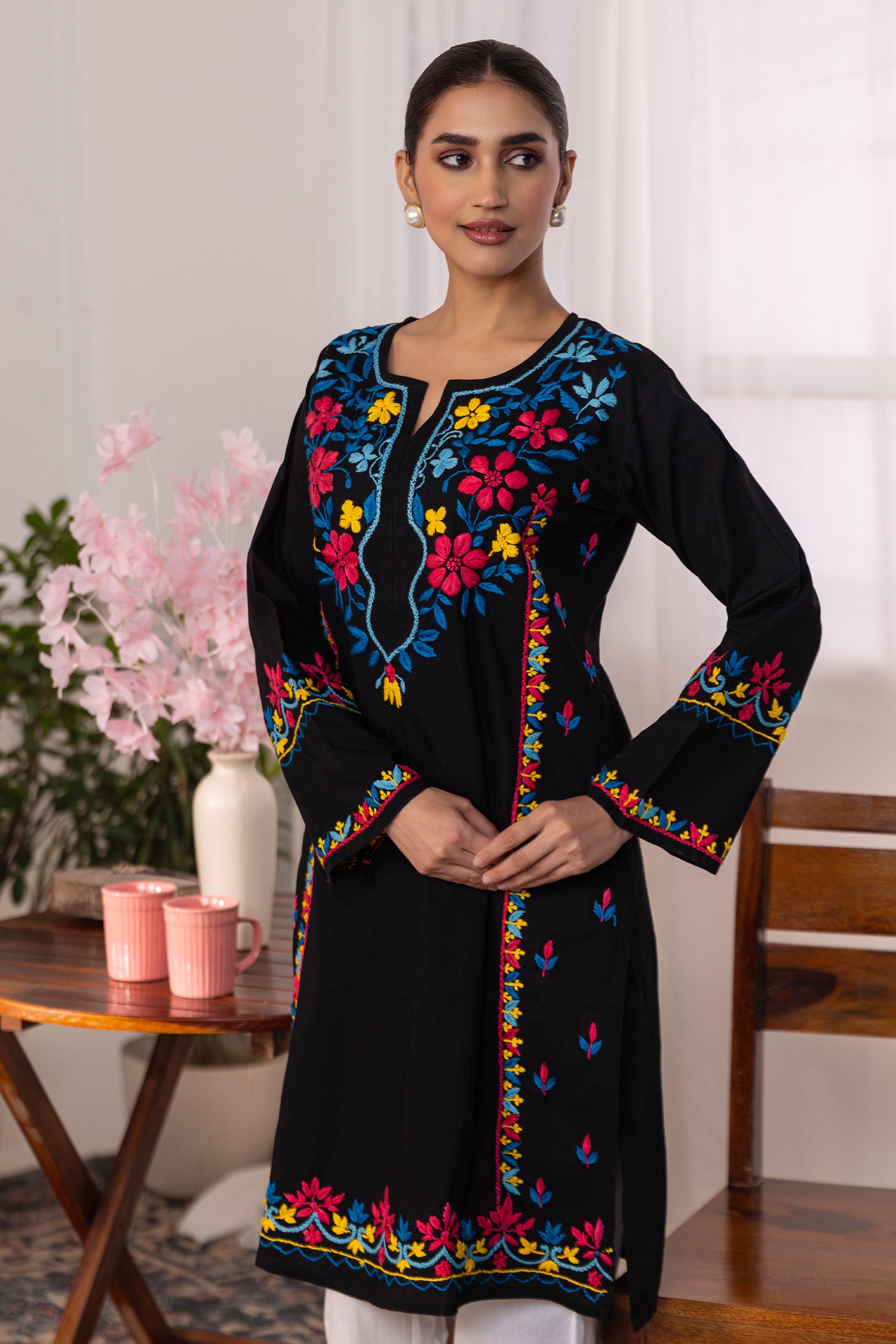 Cotton Chikankari Long Kurta - Black with Multicolour