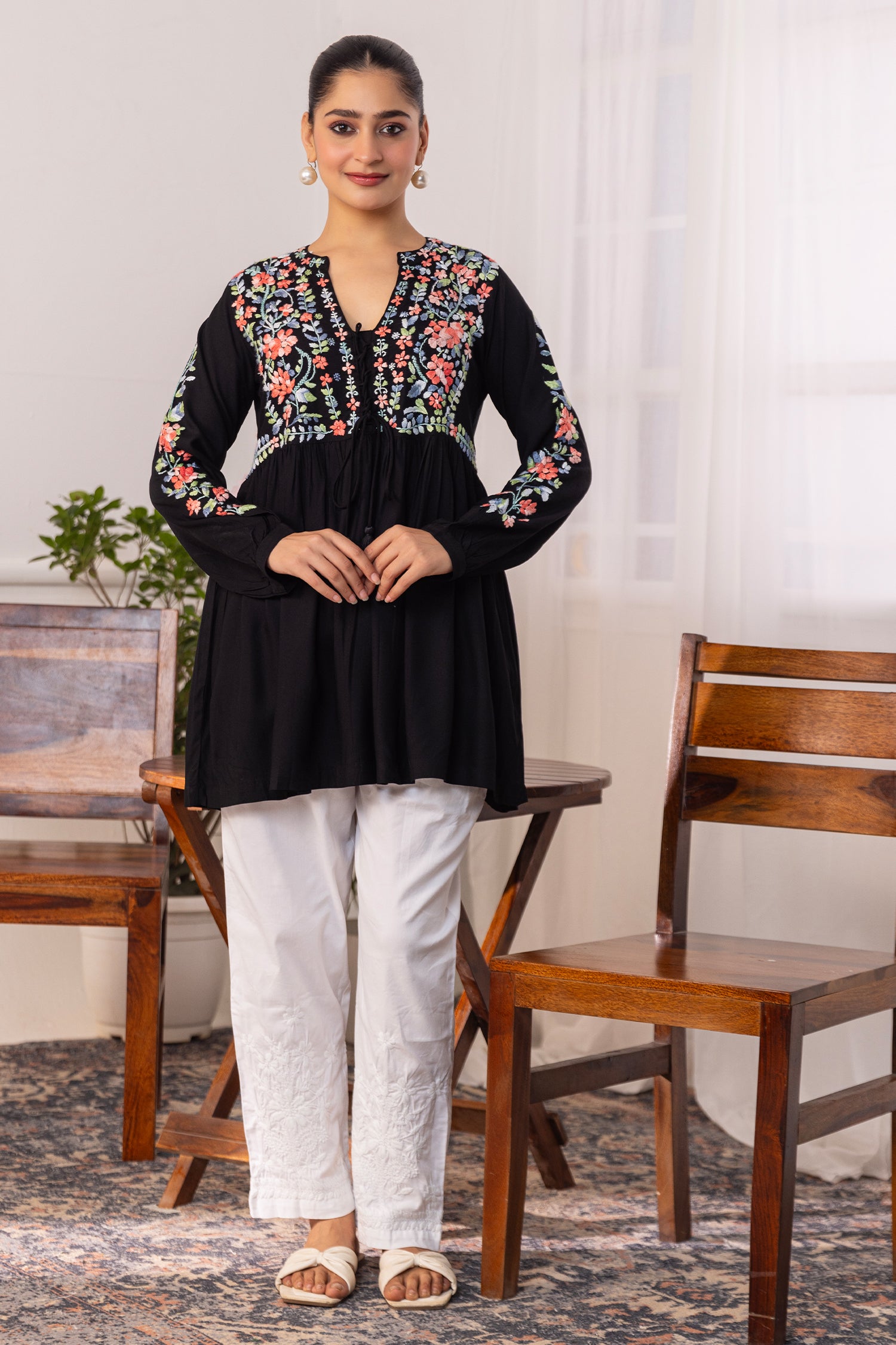 Rayon Chikankari Short Kurta - Black