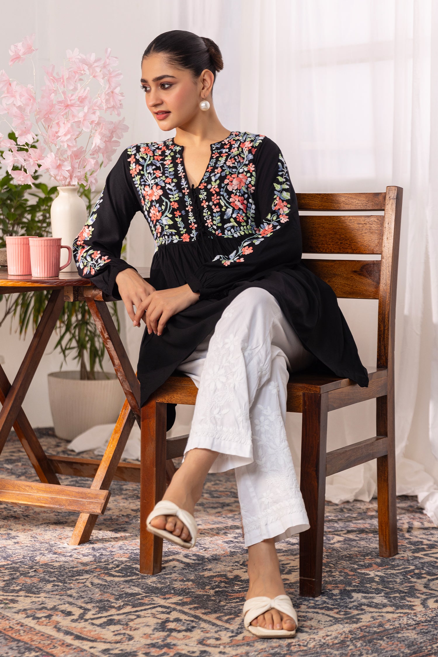 Rayon Chikankari Short Kurta - Black